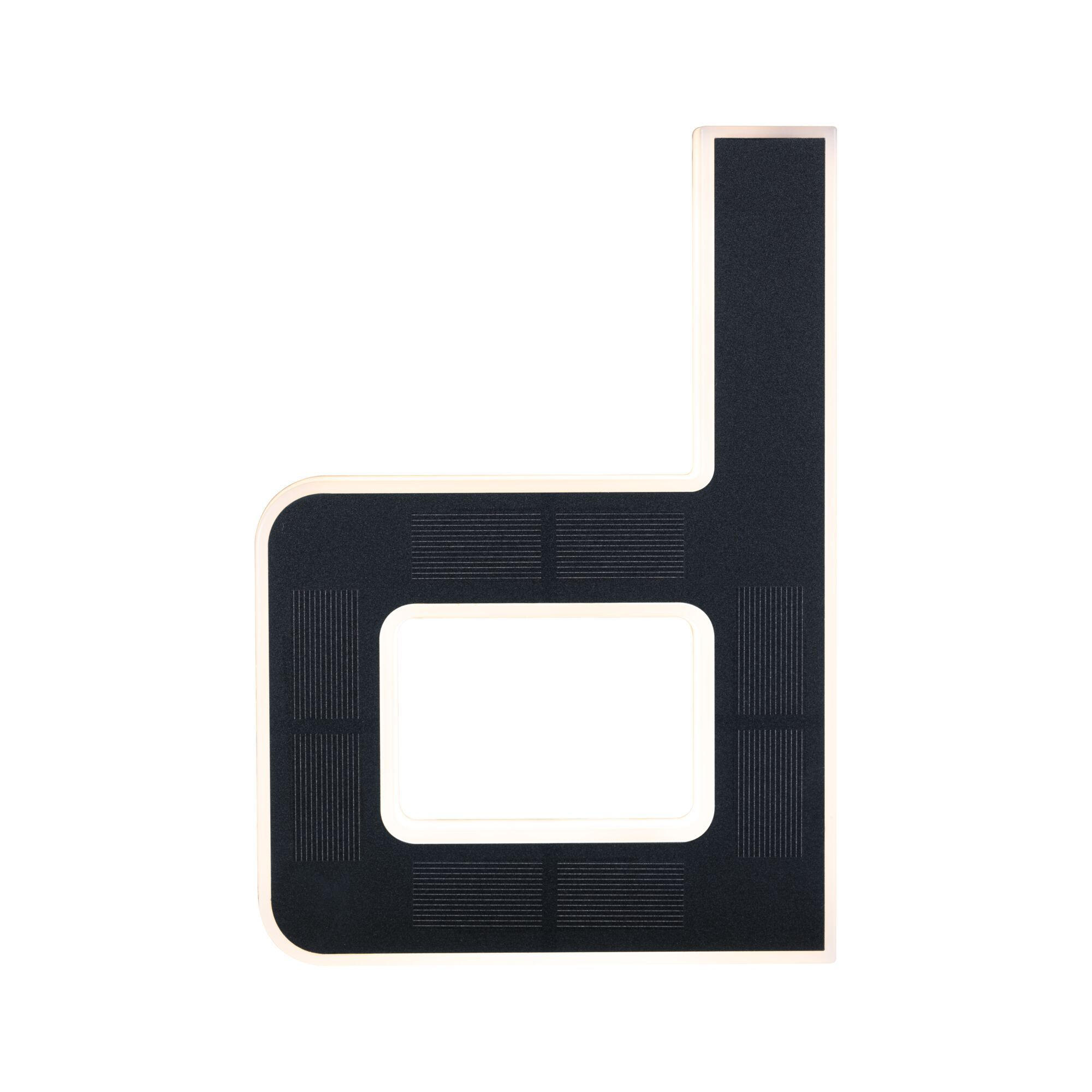 Nowoczesna, czarna, oprawa oświetleniowa w kształcie litery D z prostokątnym, podświetlanym środkiem.