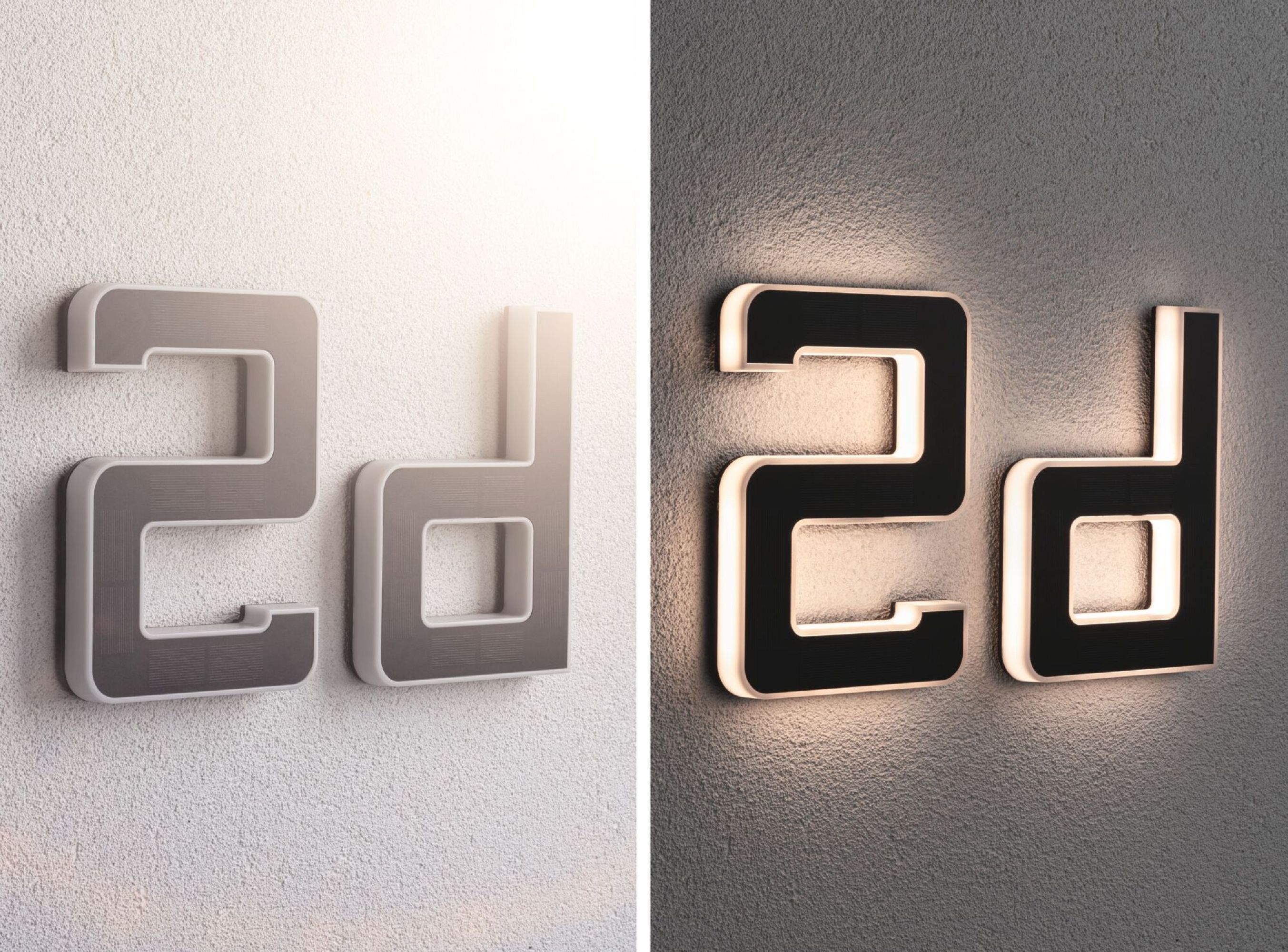 Dwa podświetlane znaki '2d', jeden na teksturowanej ścianie, drugi świecący.