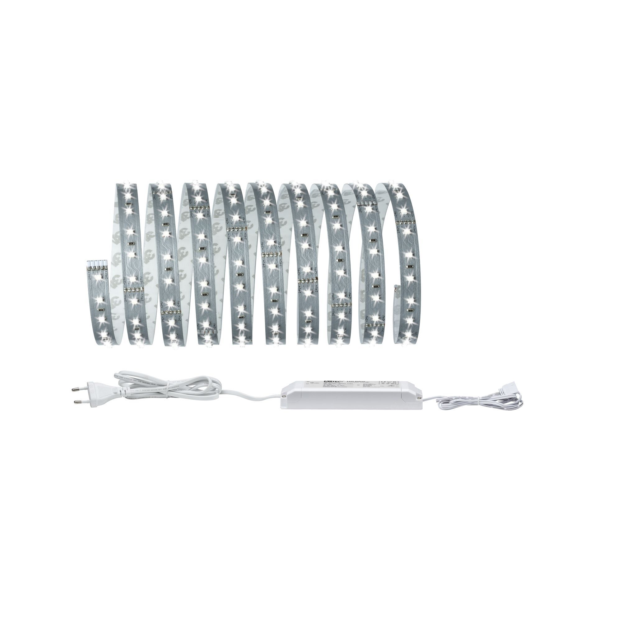 Eine Reihe von LED-Lichtstreifen, verbunden mit einem Netzkabel und einem Netzteil. Sie sind in einer Reihe angeordnet.