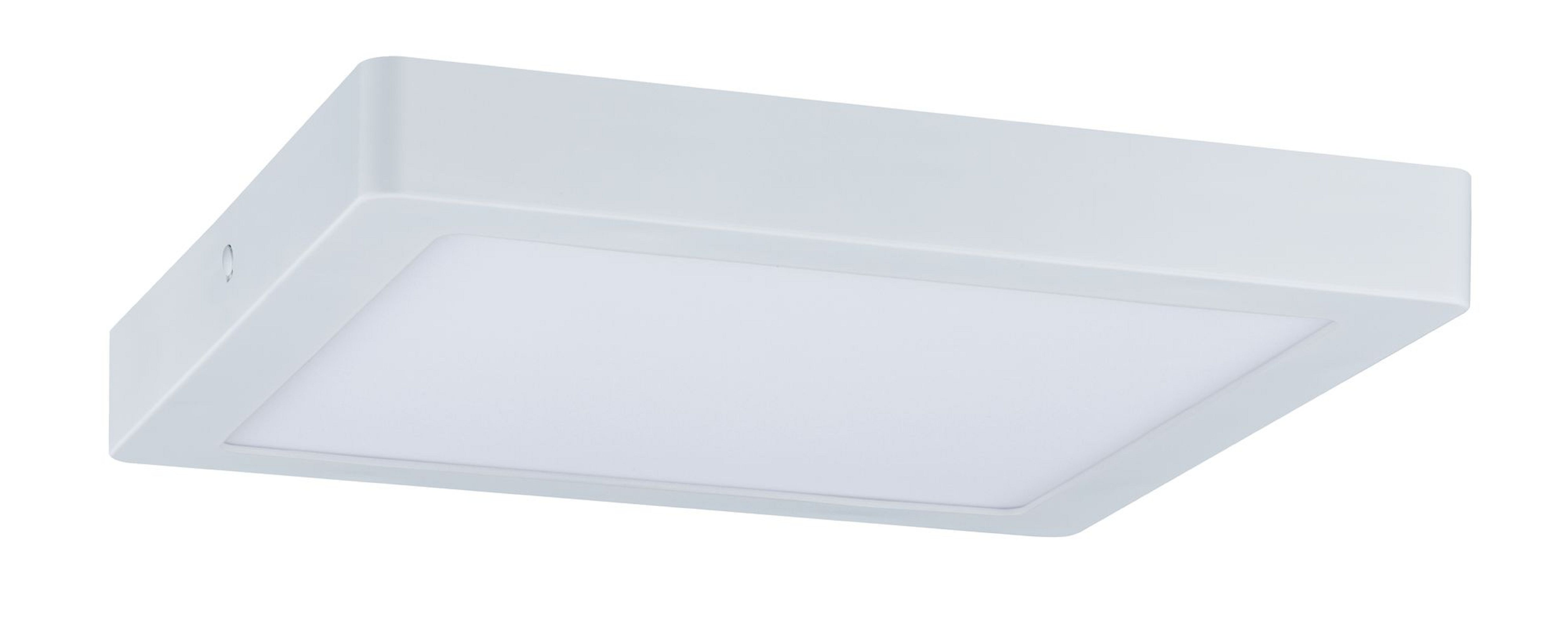 Plafoniera LED quadrata bianca, con pannello luminoso, su sfondo bianco.
