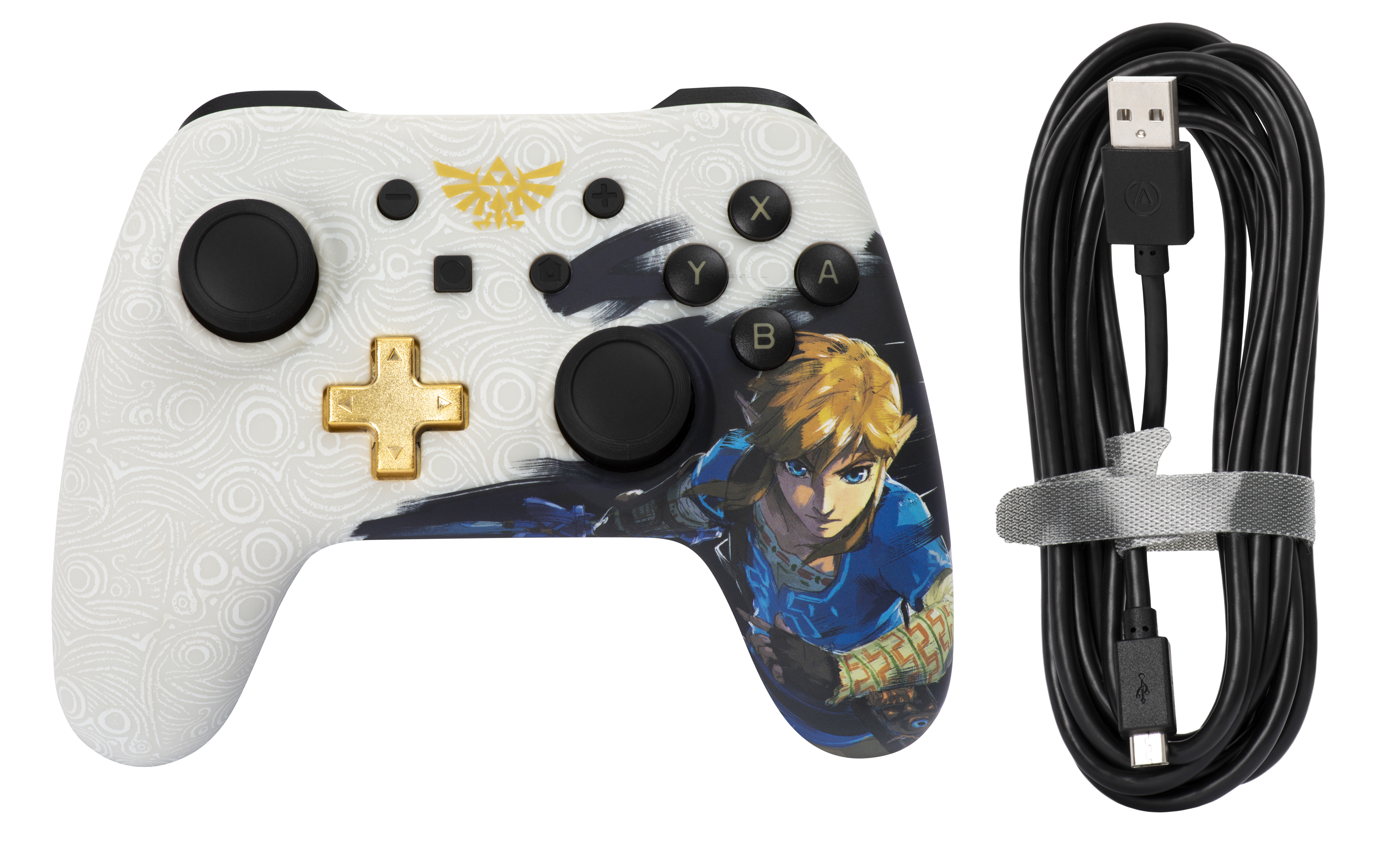 Ein weiß-goldener Videospiel-Controller mit einem blau-goldenen Charakterbild und einem schwarzen Ladekabel.