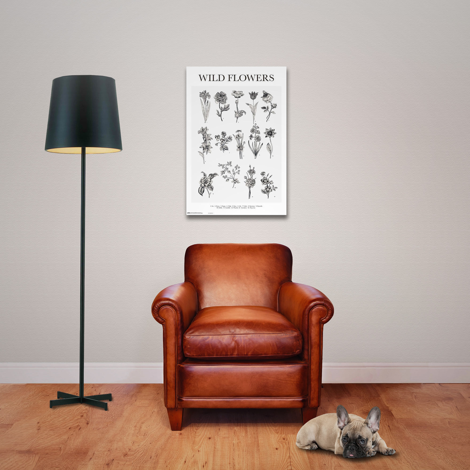 Kunstdruck von Wildblumen an einer Wand, ein brauner Ledersessel und eine schwarze Lampe.