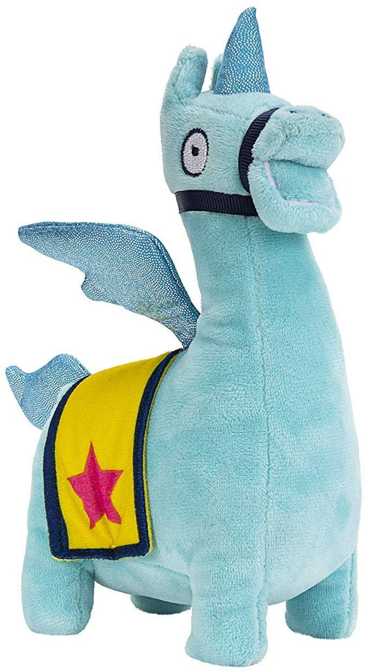 Blaues Plüschtier eines einhornartigen Wesens mit gelbem Sattel und rosa Stern. Weißer Hintergrund.