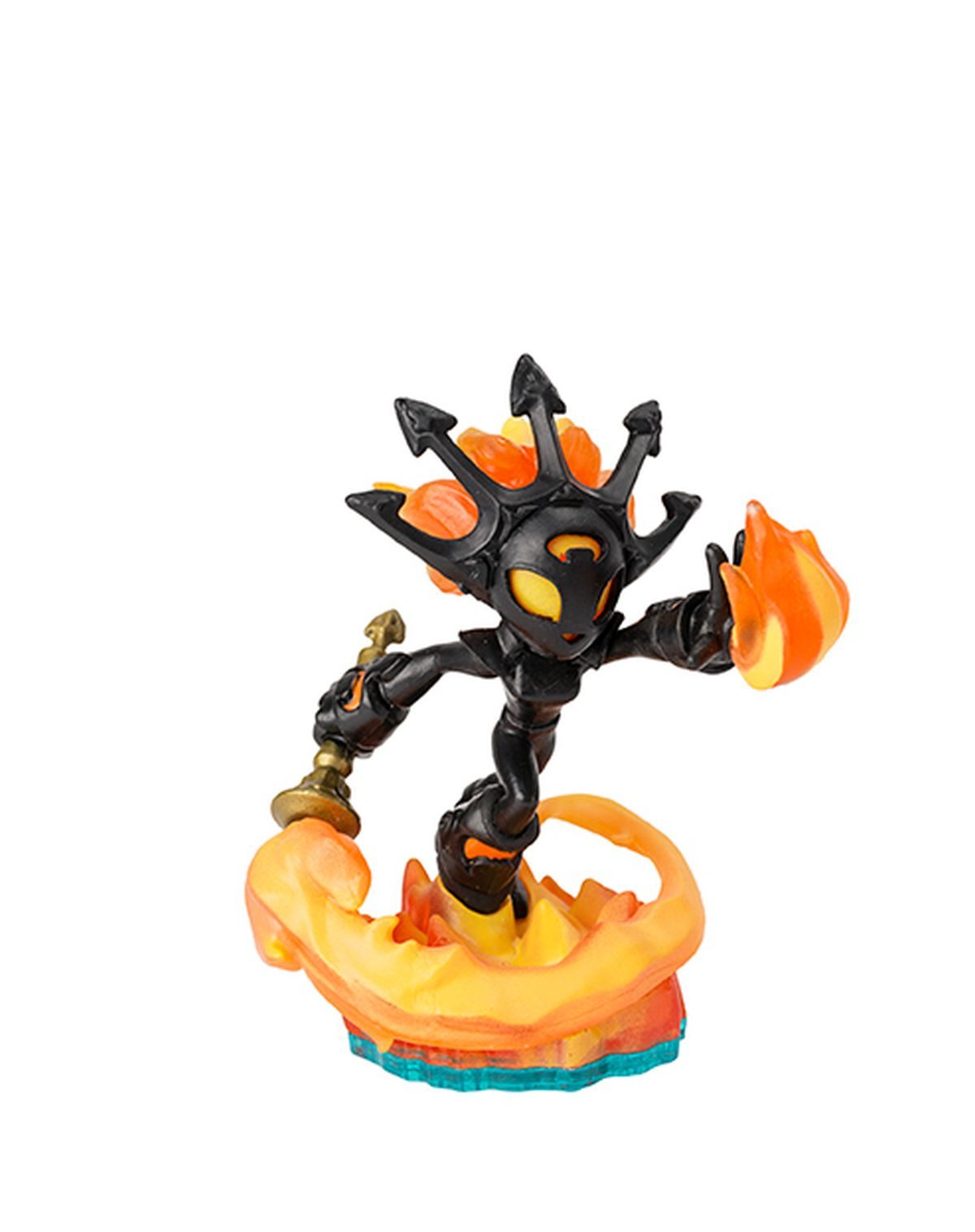 Eine Skylanders-Actionfigur. Eine schwarze Figur mit orangefarbenen Flammen, die ein Schwert hält.