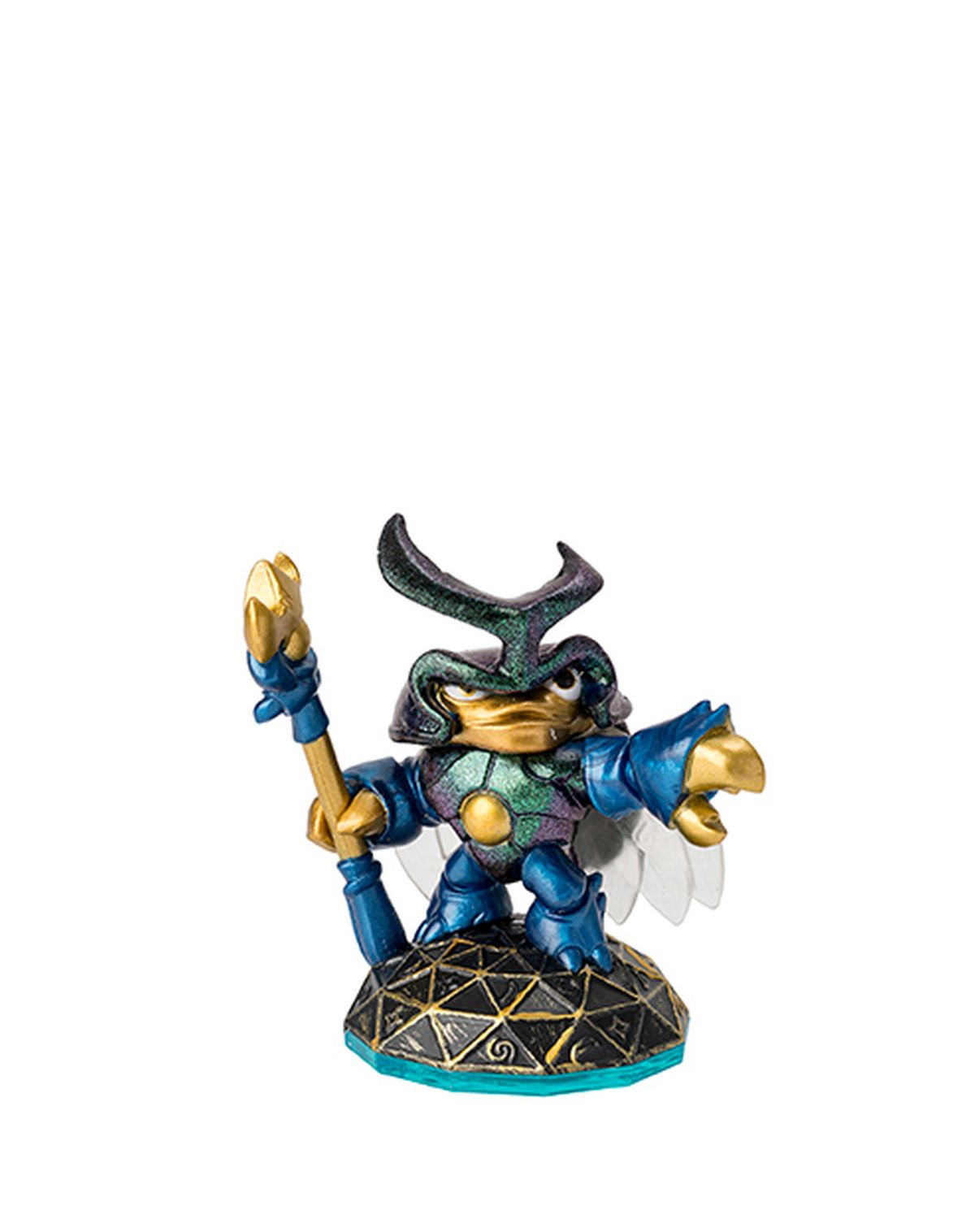 Eine Spielfigur eines blau-goldenen Charakters mit Stab, auf einer schwarz-goldenen Basis.