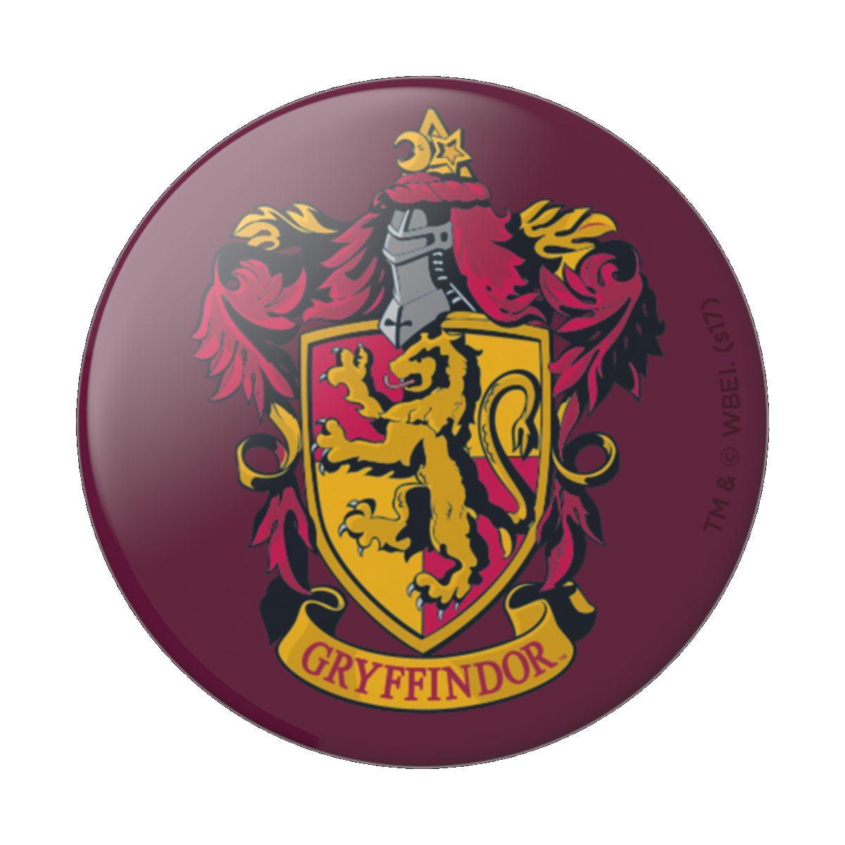 Insignia redonda con escudo de Gryffindor. Colores rojo, dorado y negro.