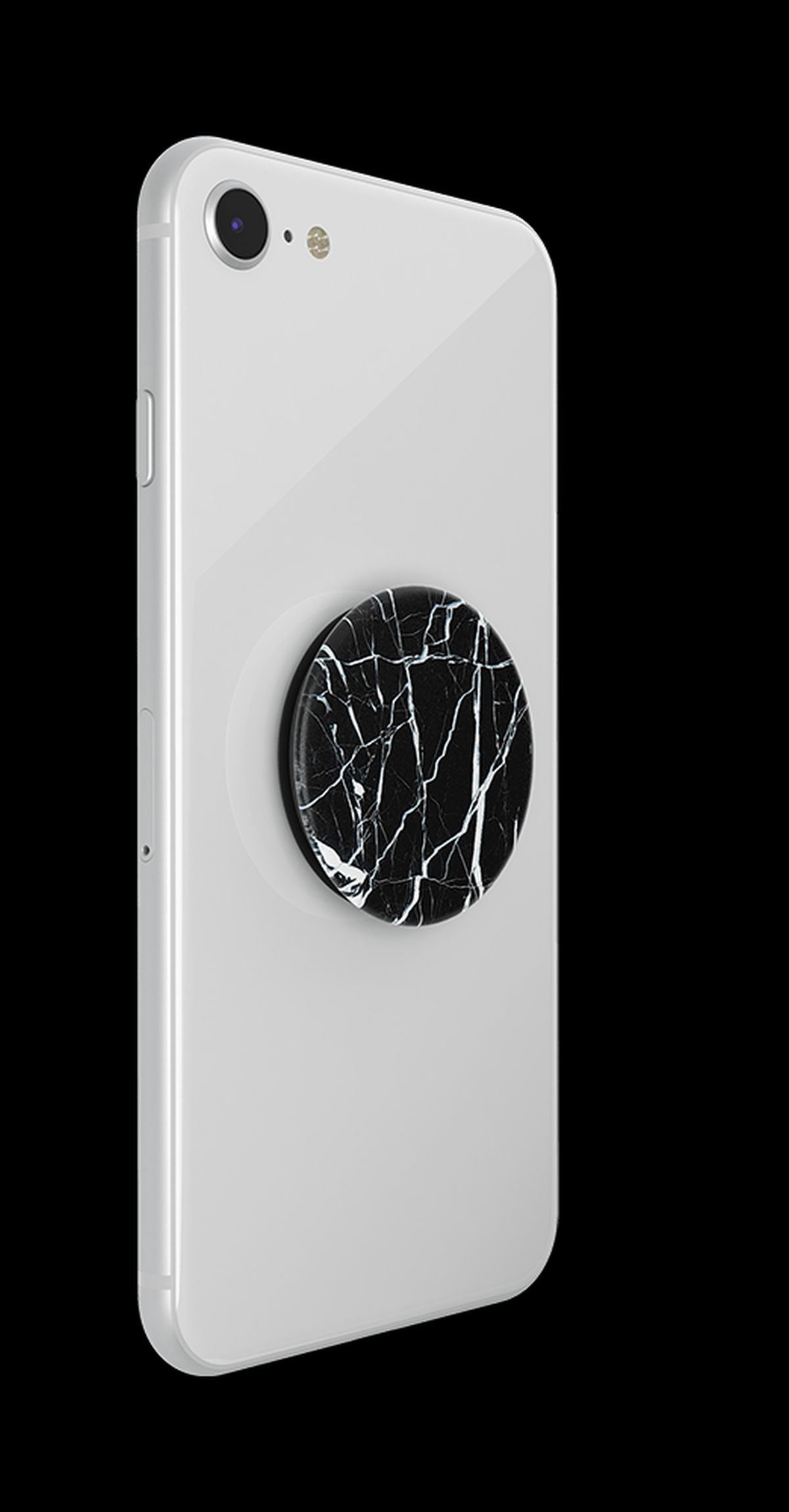 Weißes Smartphone mit schwarzem, marmoriertem Handy-Griff auf der Rückseite.