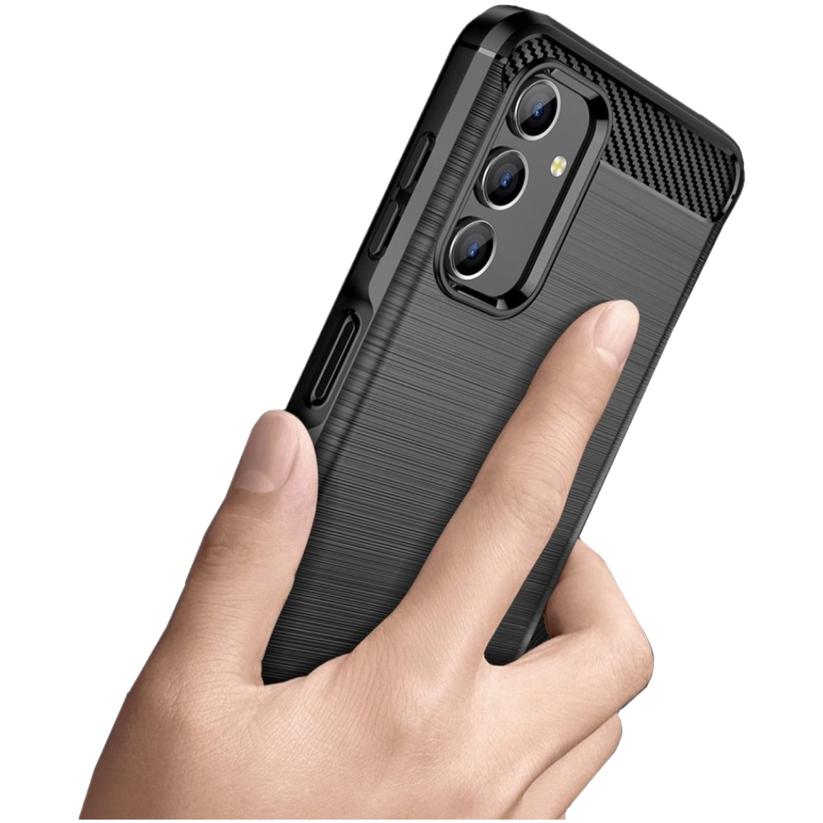 Schwarze Handyhülle mit Carbonfaser-Textur. Eine Hand hält das Telefon.