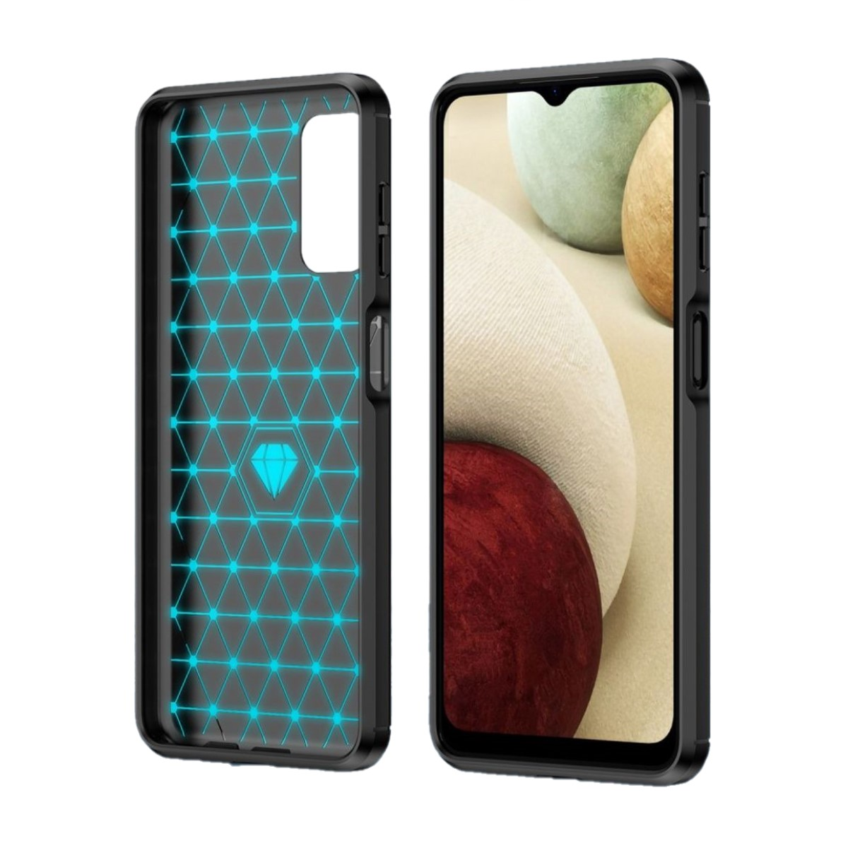 Schwarze Handyhülle, offen. Blaues geometrisches Muster innen. Telefonbildschirm sichtbar.