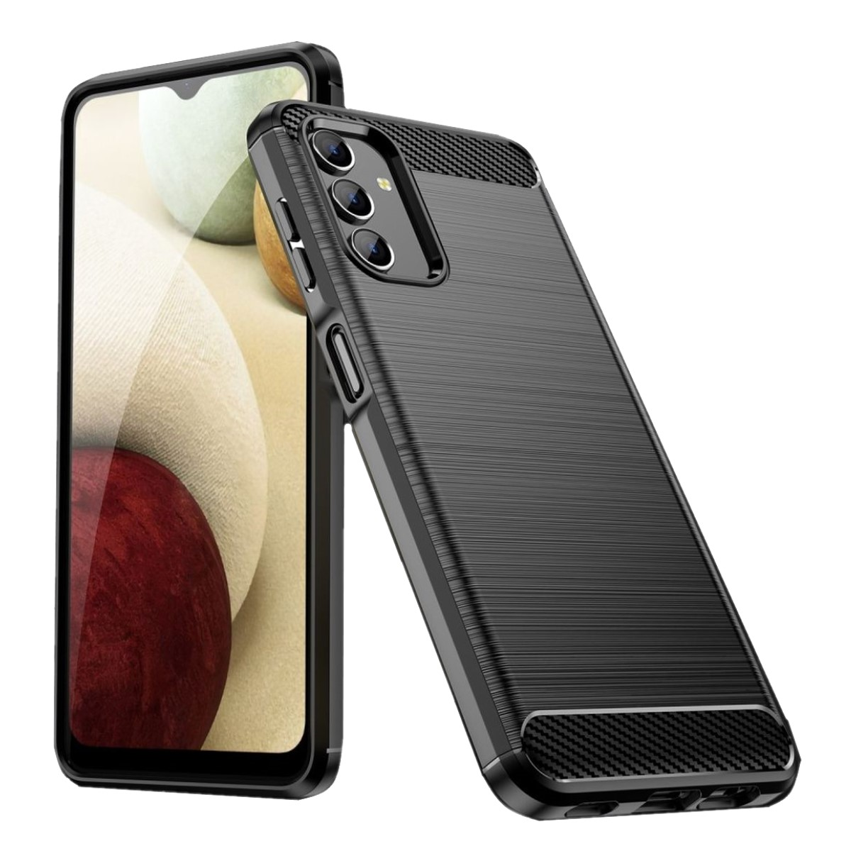 Schwarze Handyhülle und Telefon. Das Telefon zeigt eine App-Oberfläche.