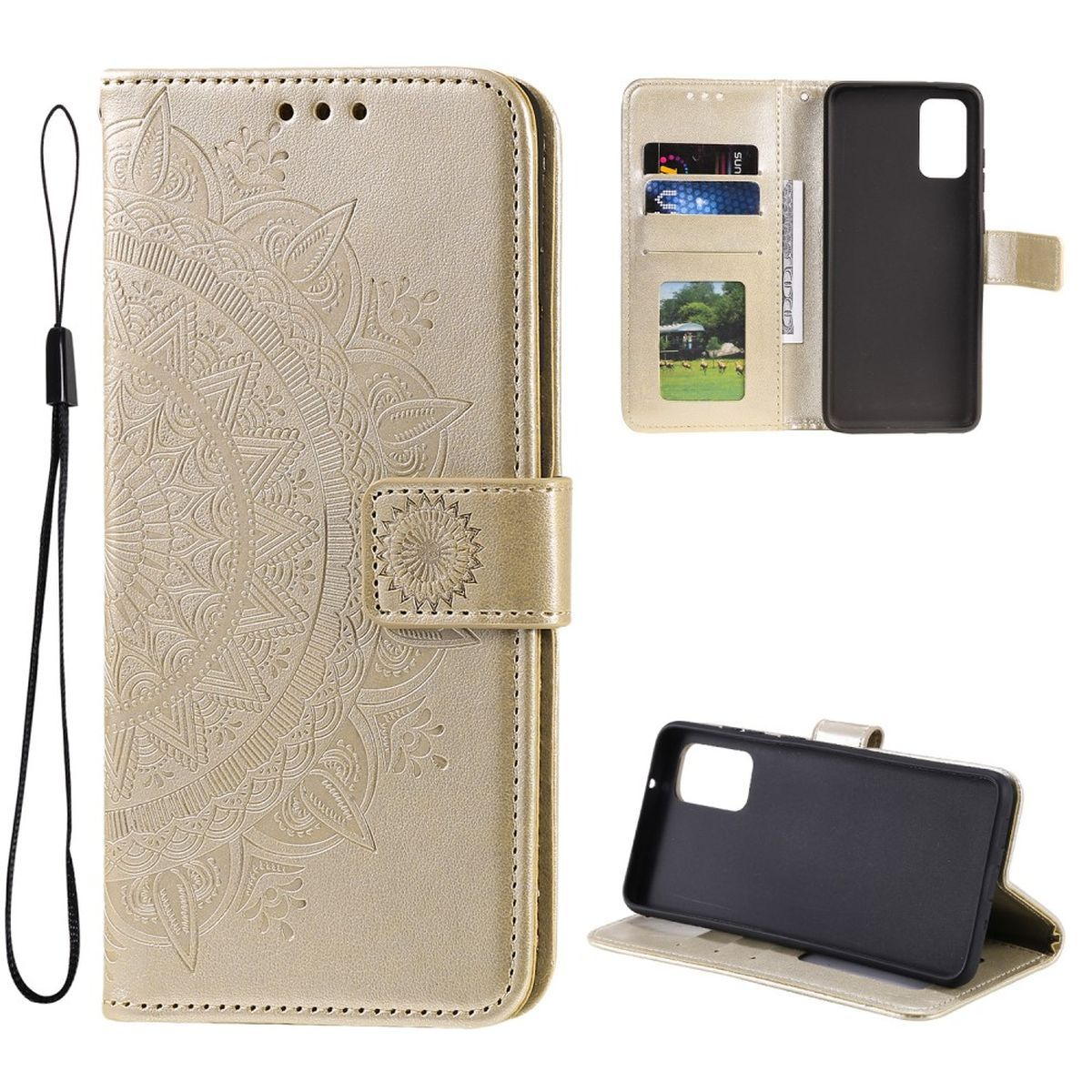 Goldene Handyhülle mit Mandala-Design, offen mit Kartenfächern und Telefon.
