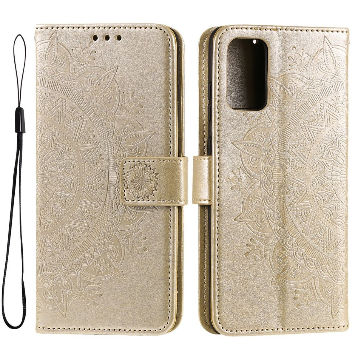 Eine goldene Handyhülle mit Mandala-Design und einem Riemen.