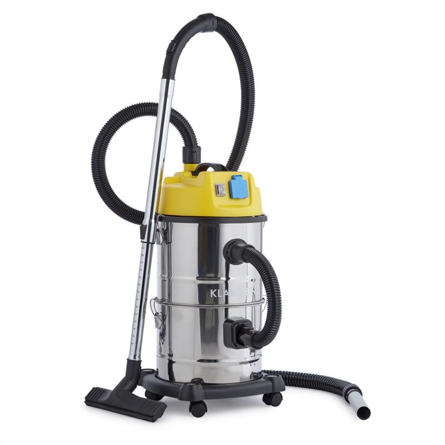 Aspirapolvere a secco e umido argento e giallo con tubo nero e accessori, su sfondo bianco.