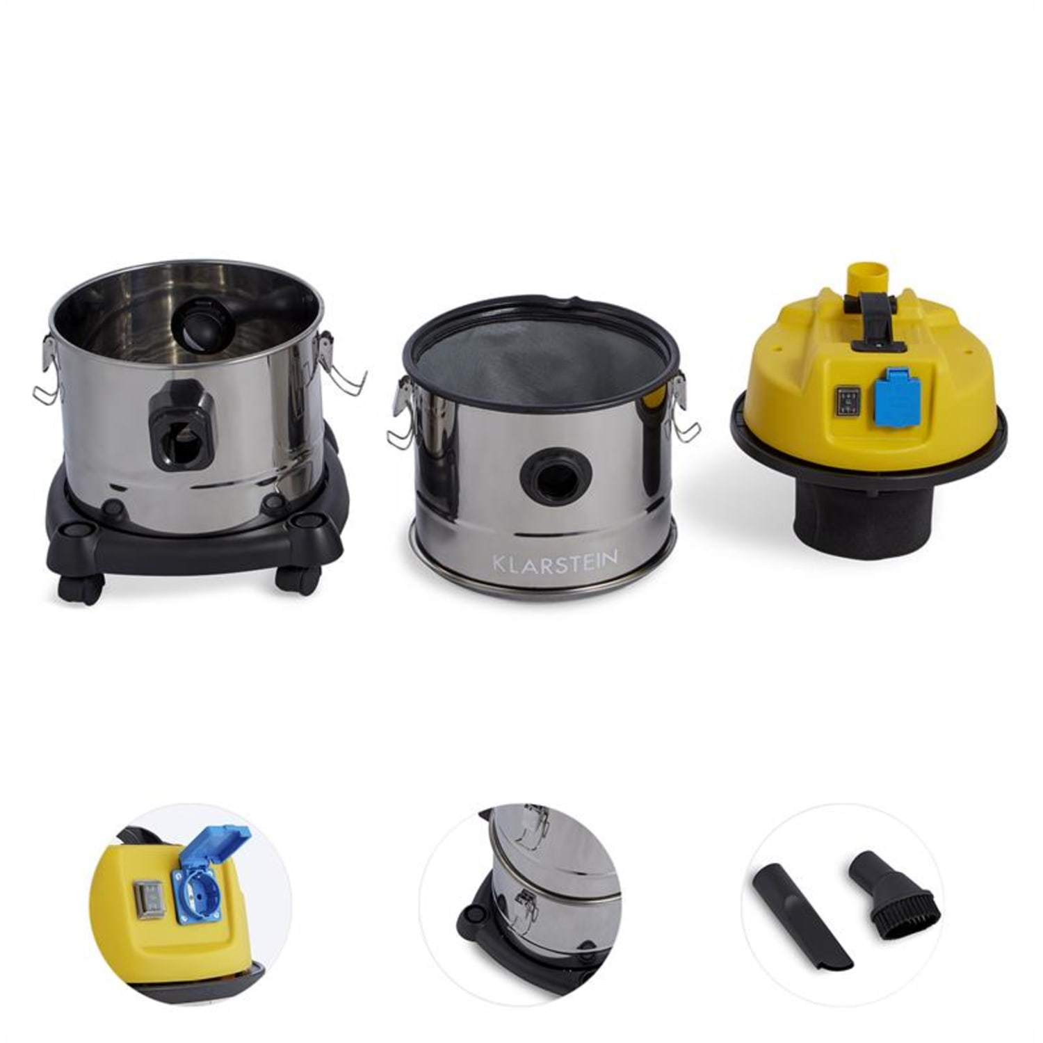 Tre parti di aspirapolvere: due contenitori metallici e un coperchio giallo con spina.