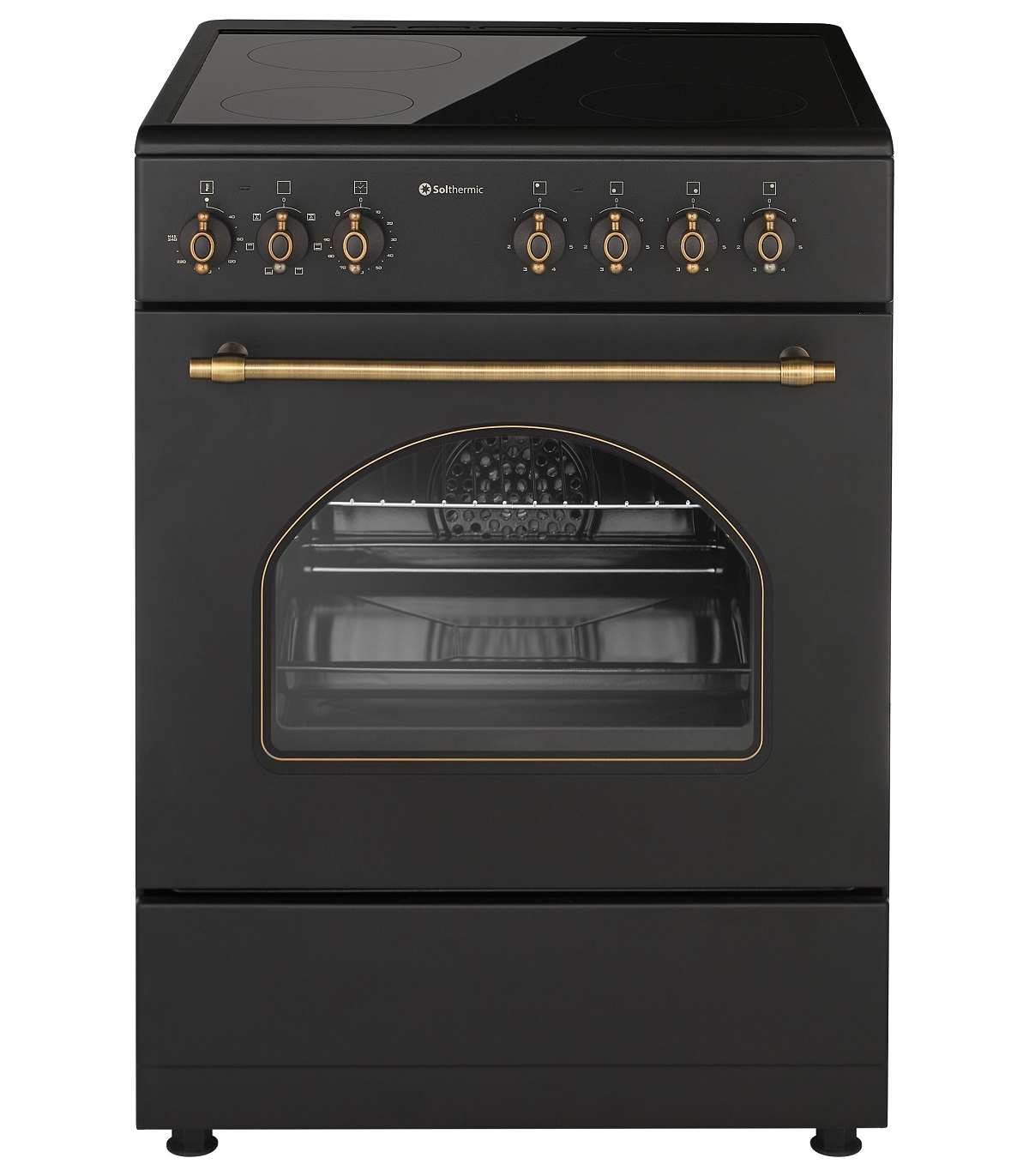 Cocina eléctrica - SOLTHERMIC VTC Negra Estilo rustico Vitrocerámica 4 zonas + Horno, 60 l, 60 cm, Negro