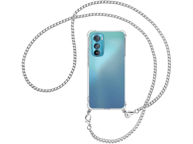 Motorola, 5G, Backcover, Kette ENERGY Edge Umhänge-Hülle Metallkette, (silber) MORE mit 30 MTB