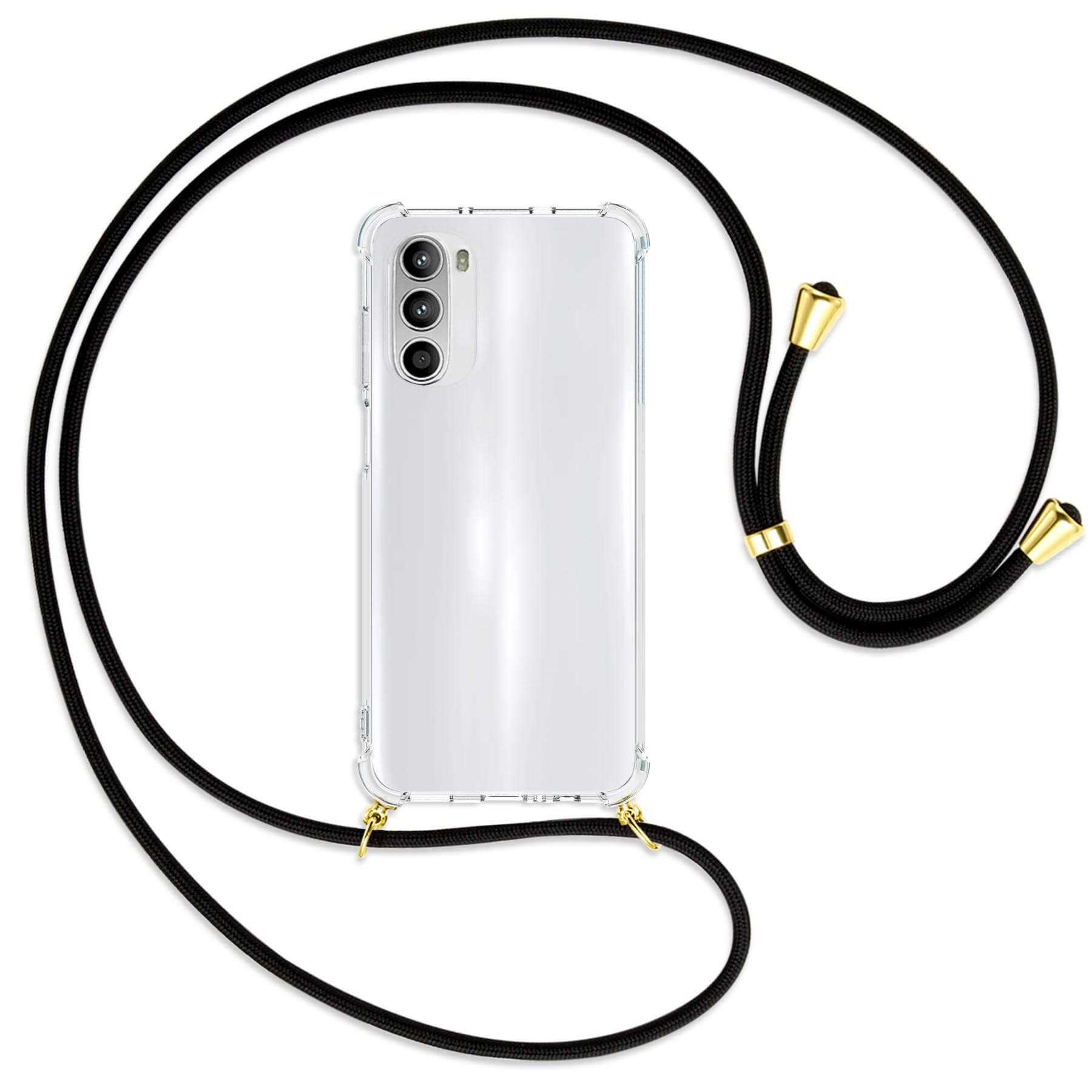 Transparente Handyhülle mit Telefon und schwarzem Umhängeband mit goldenen Details.