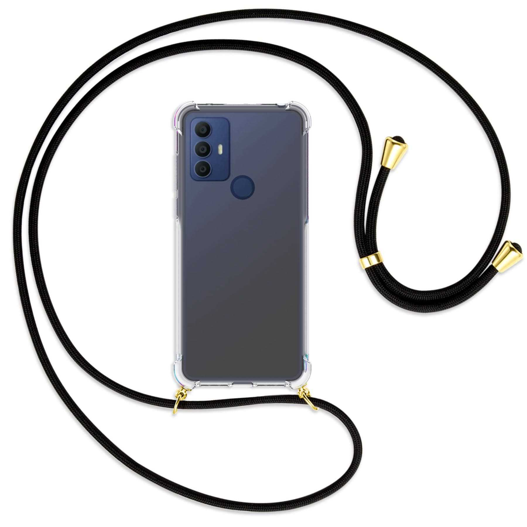 Telefon in einer transparenten Hülle mit einem schwarzen Schlüsselband. Das Schlüsselband hat goldene Akzente.