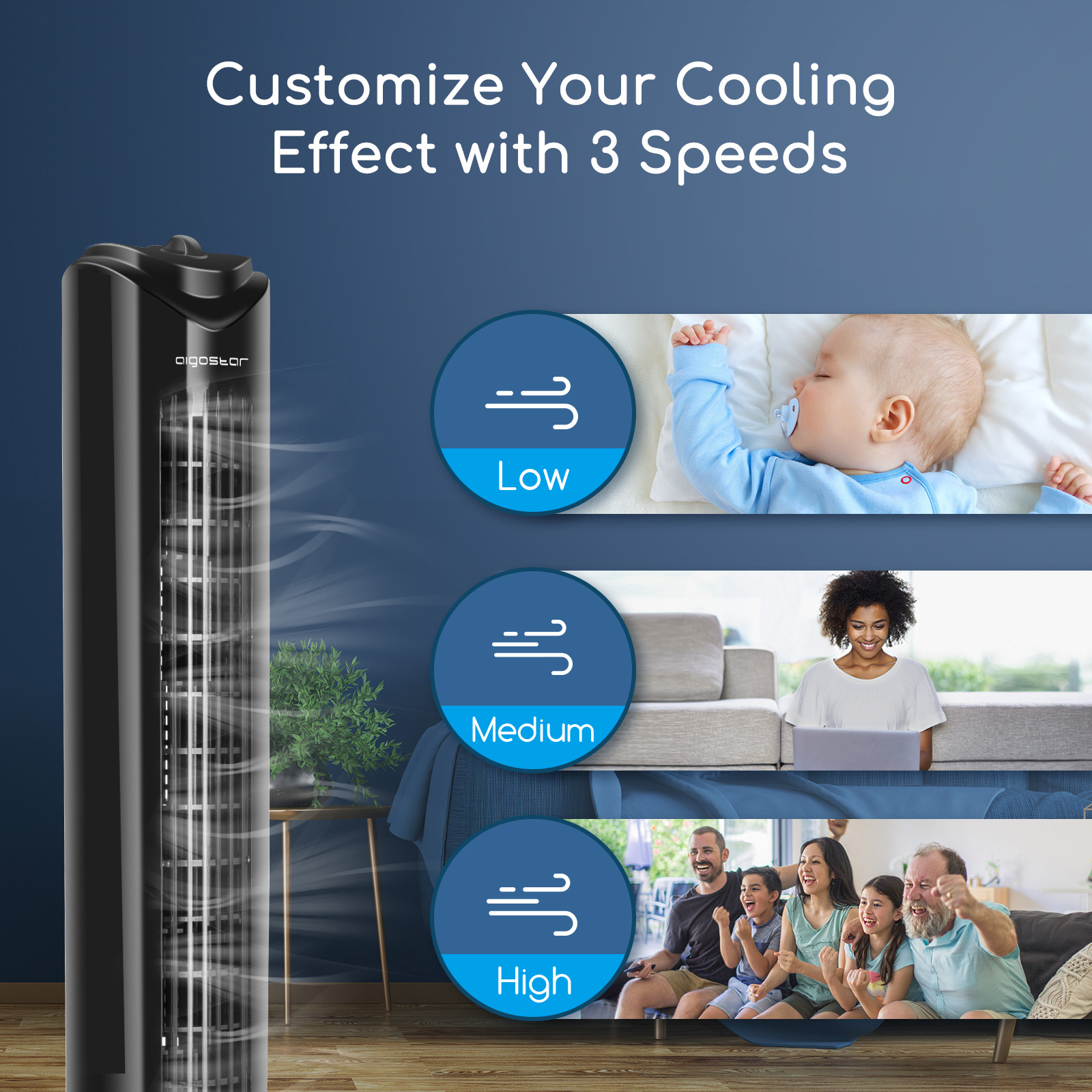 Ventilador de torre negro con tres configuraciones de velocidad: baja, media, alta.