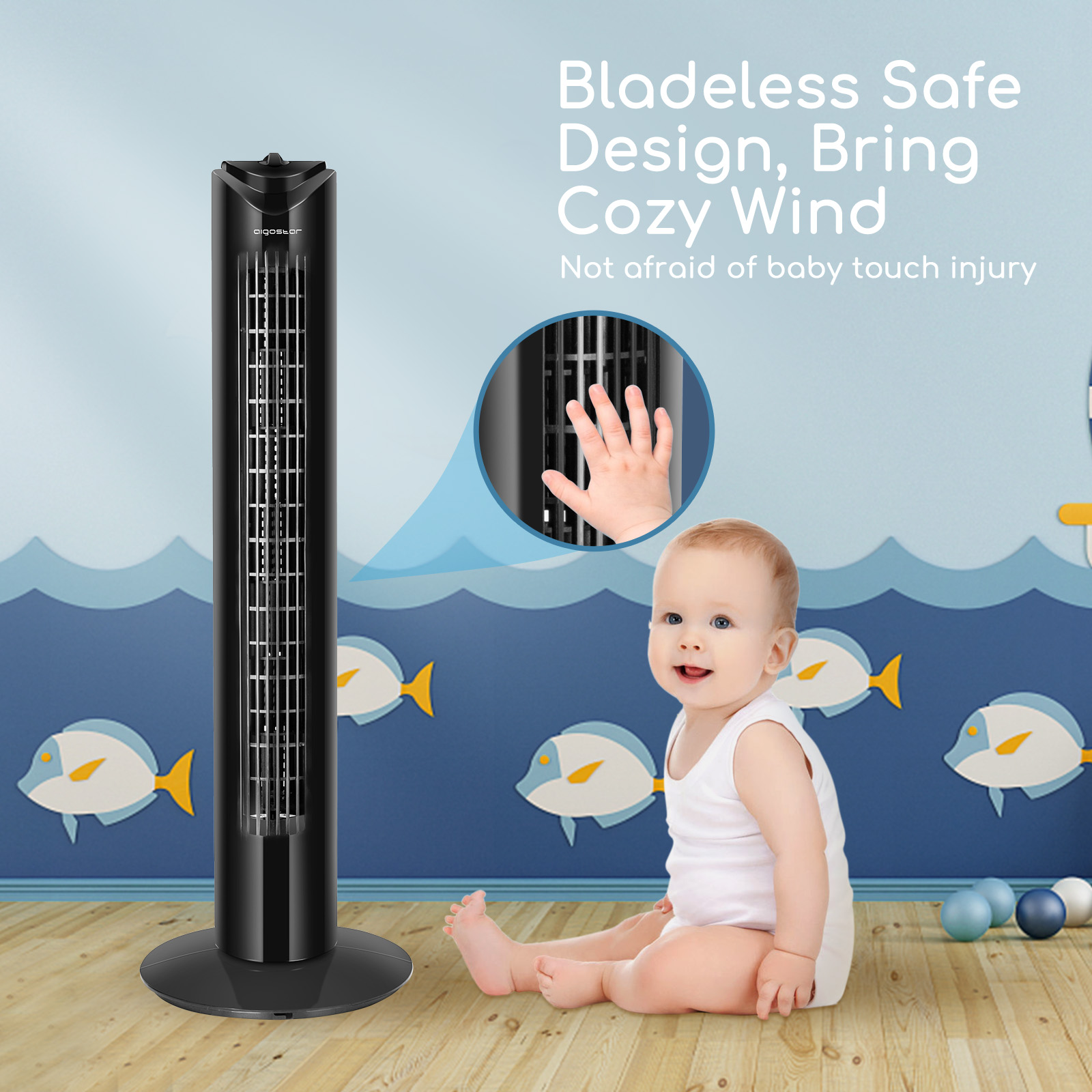 Un bebé en una habitación con un ventilador y una decoración de pared.