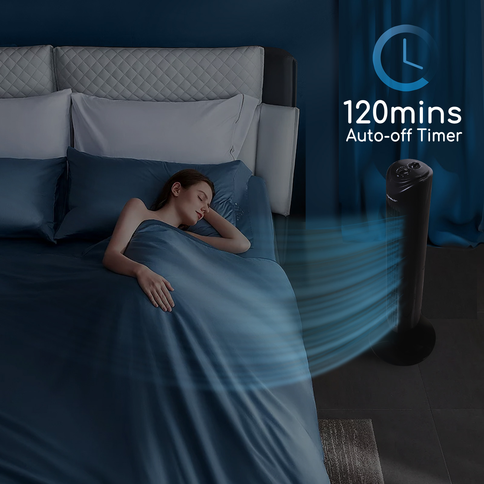 Mujer durmiendo en la cama. Un ventilador negro funcionando a la derecha. Texto que dice temporizador de apagado automático de 120 minutos.