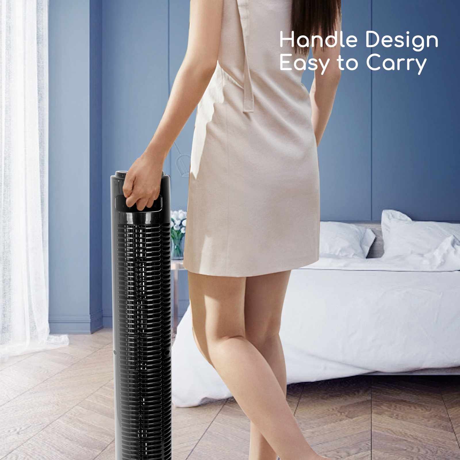 Una mujer sostiene un ventilador alto y negro. Texto blanco dice: Handle Design Easy to Carry.