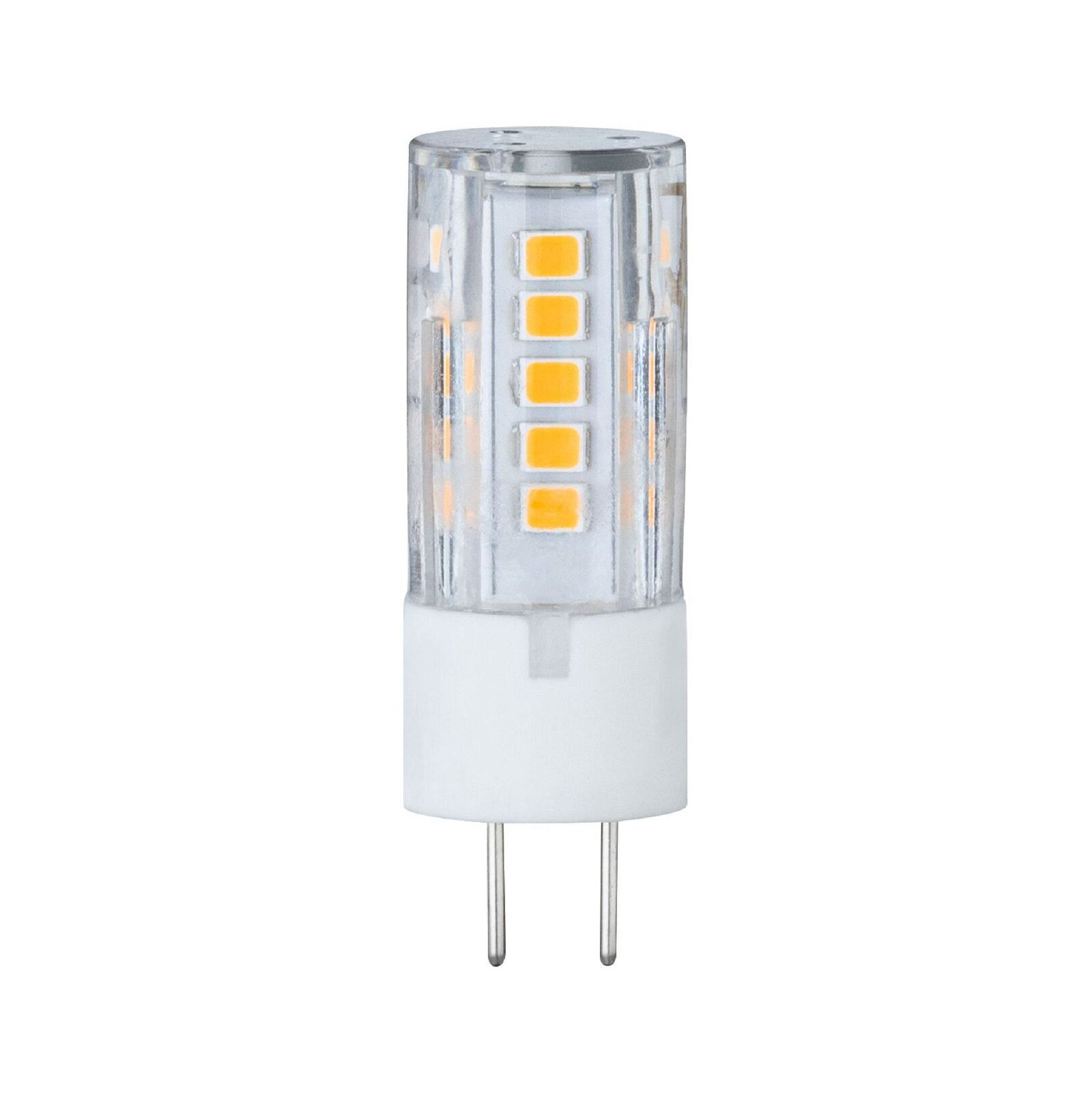 Eine kleine Glühbirne mit Stiften, klarem Kunststoff und orangefarbenen LEDs.