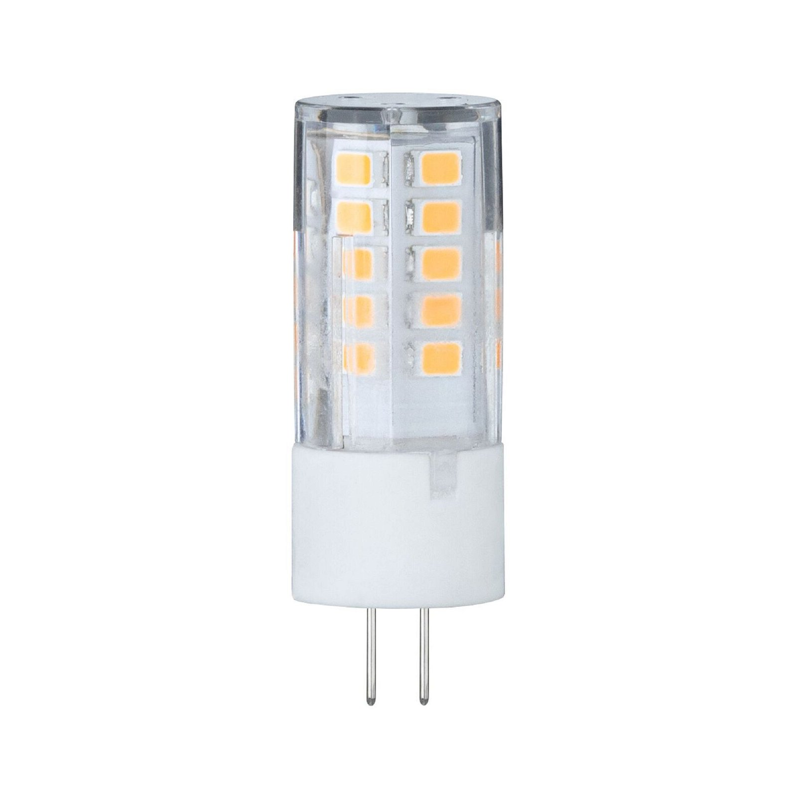 LED-Glühbirne mit transparentem Gehäuse und orangen inneren Lichtelementen.
