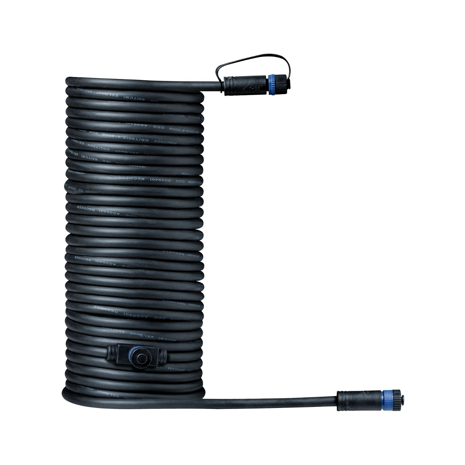 Aufgerolltes schwarzes Kabel mit Steckern an jedem Ende, isoliert.