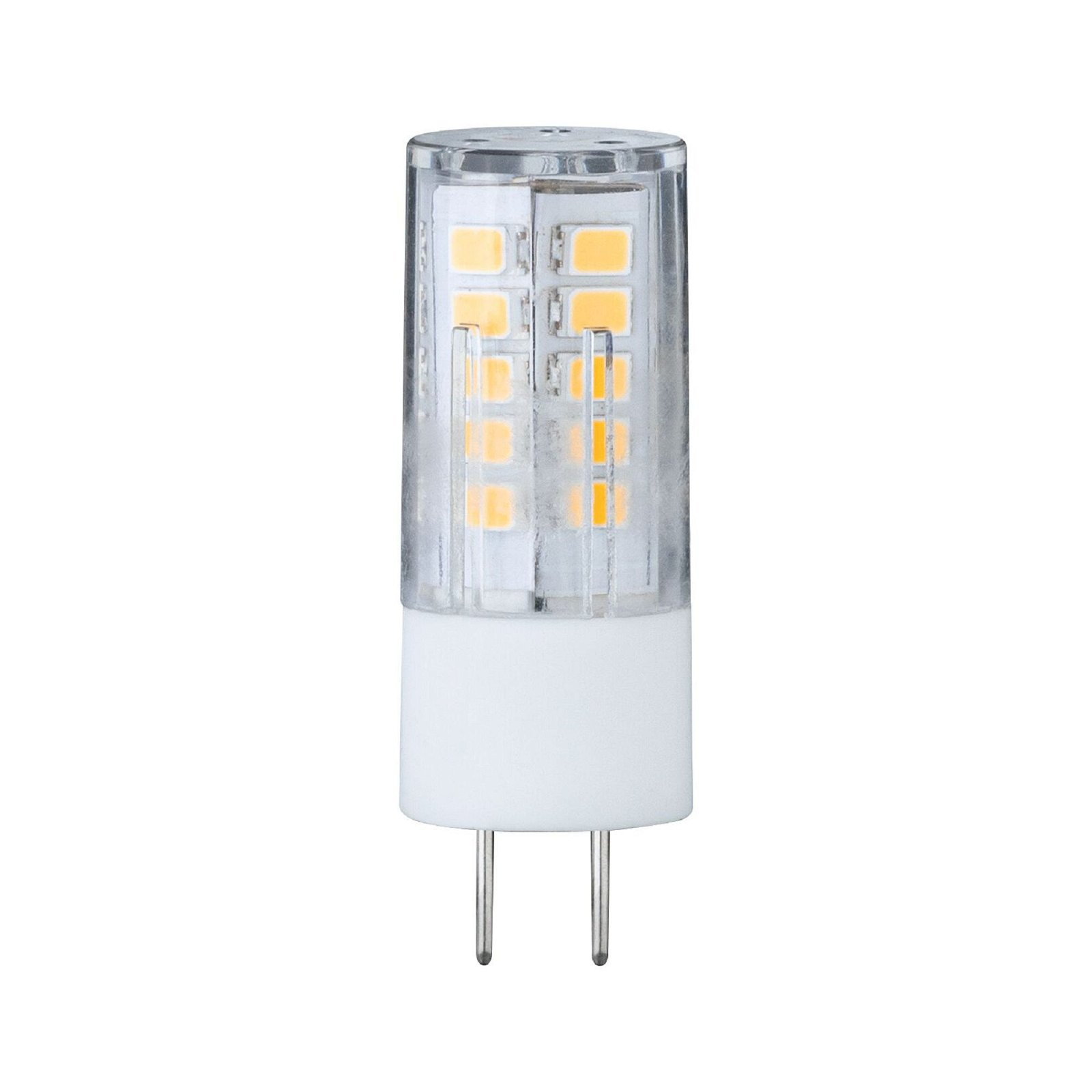 Kleine, transparente, zylindrische LED-Glühbirne mit vertikalen Reihen gelber LEDs.