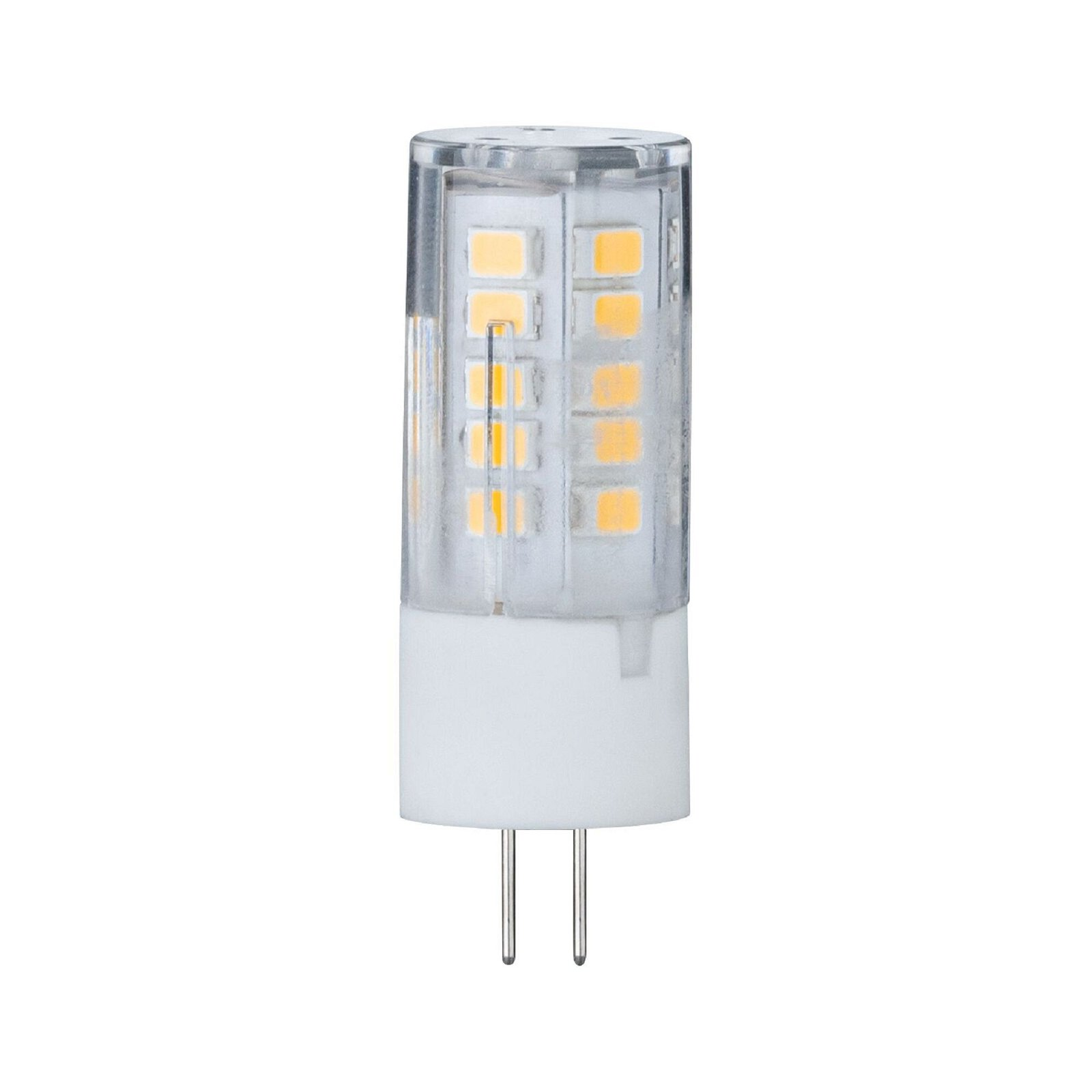 Klare LED-Glühbirne mit zwei Stiften, die warmes gelbes Licht aussendet.