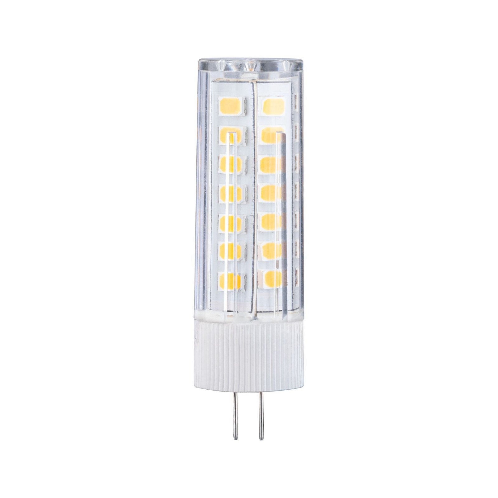 Eine kleine LED-Glühbirne mit zwei Stiften, transparentem Kunststoff und gelben LEDs.
