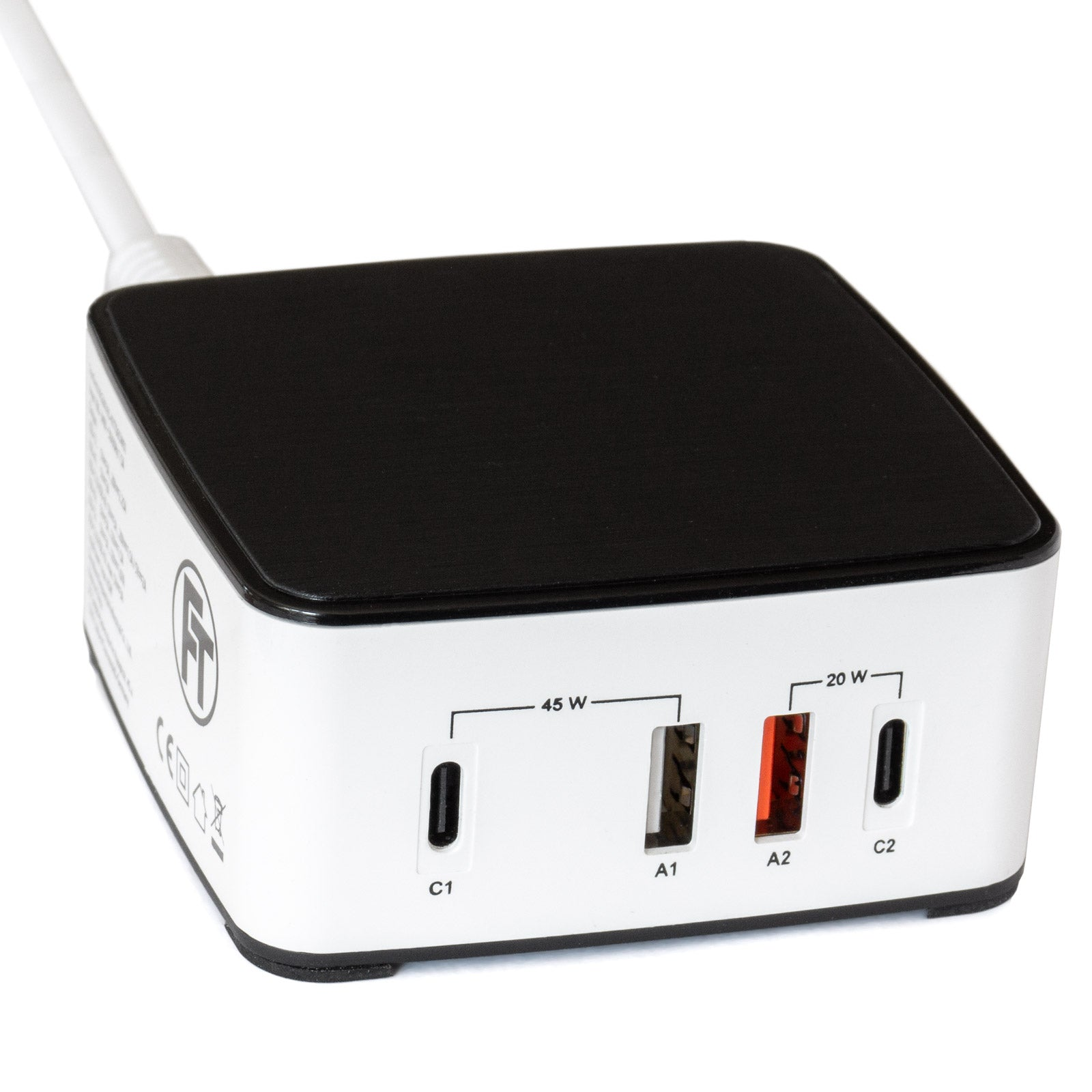 Weißes und schwarzes Ladegerät mit 3 USB-Anschlüssen und 2 USB-C-Anschlüssen. Text gibt die Wattzahl an.
