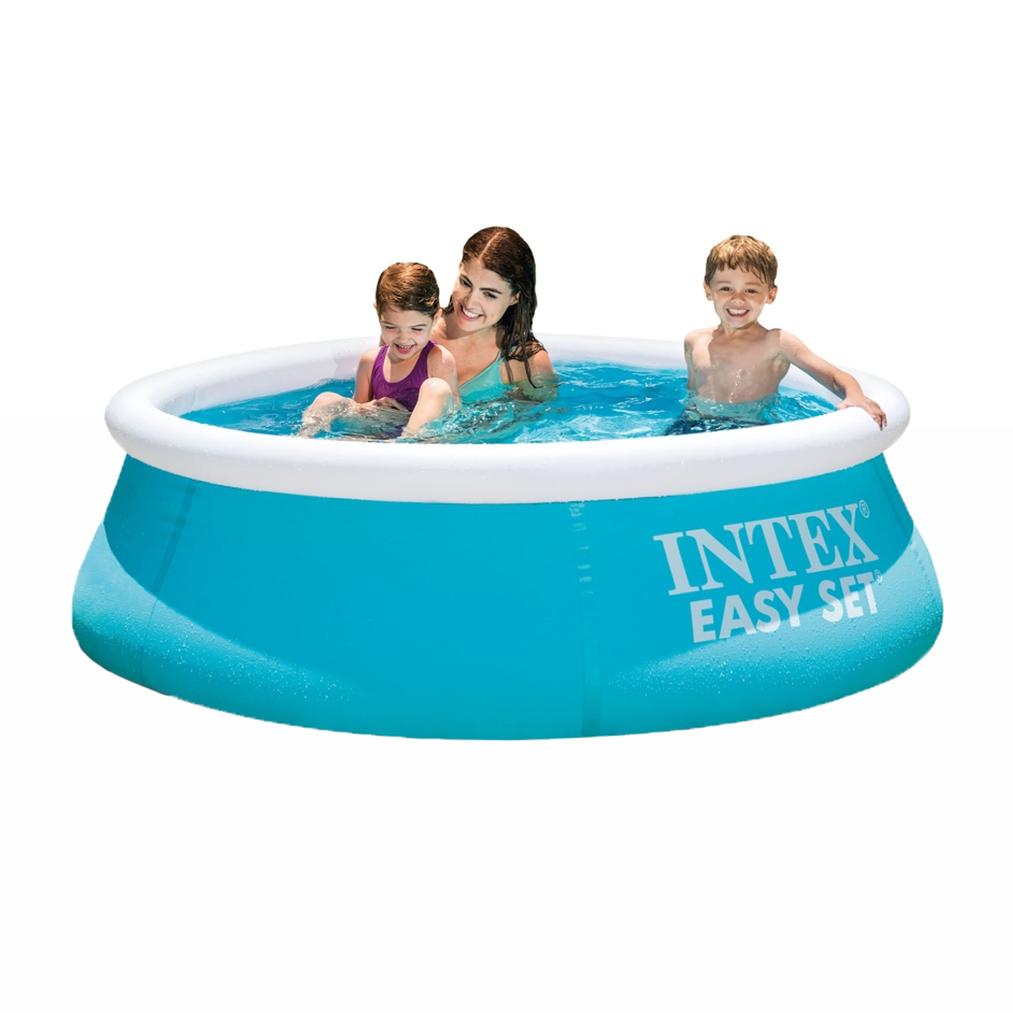 Ein blaues Intex Easy Set aufblasbares Becken mit drei Personen darin, isoliert auf Weiß.