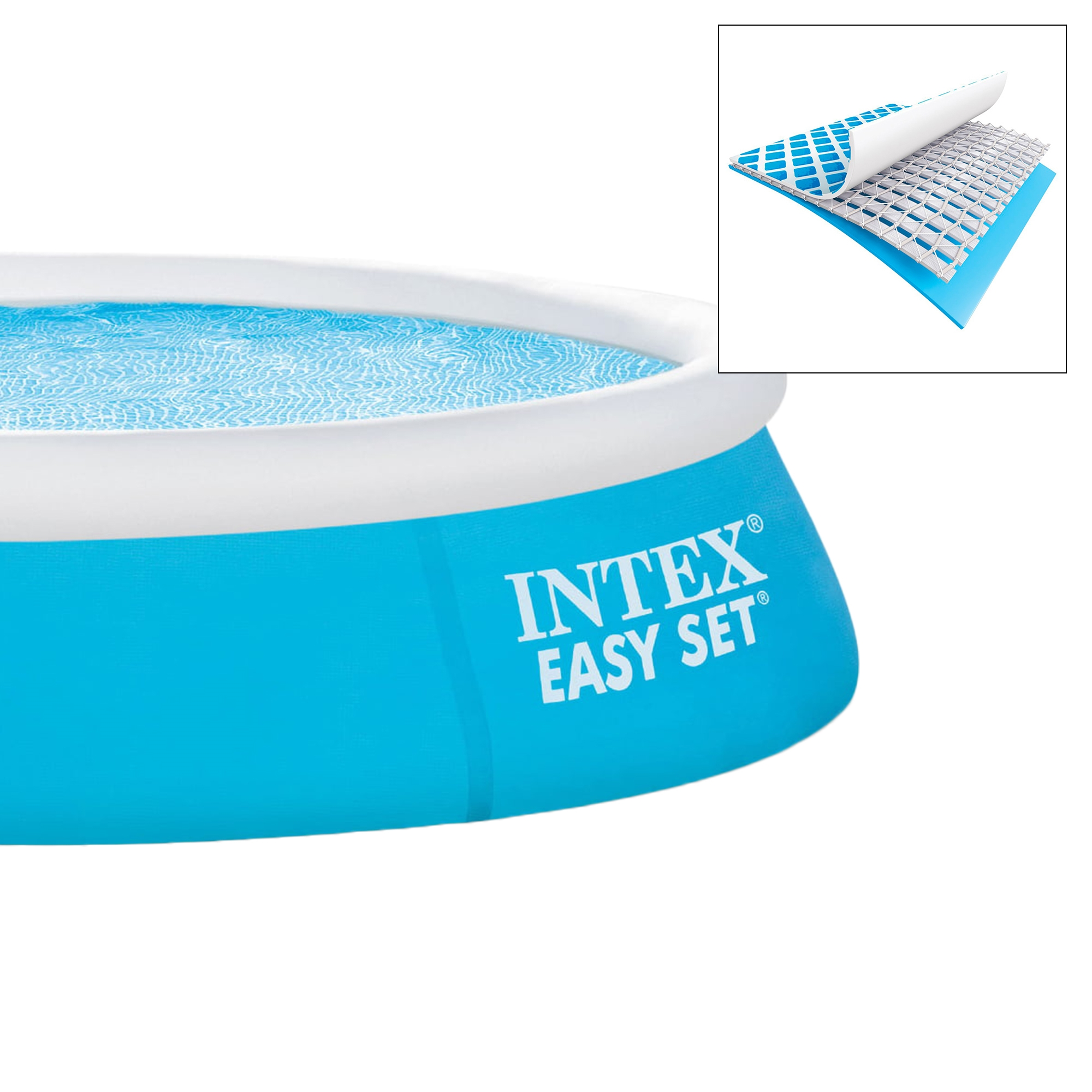 Ein blaues aufblasbares Schwimmbecken mit dem Text 'INTEX EASY SET' und eine Nahaufnahme der Poolauskleidung.