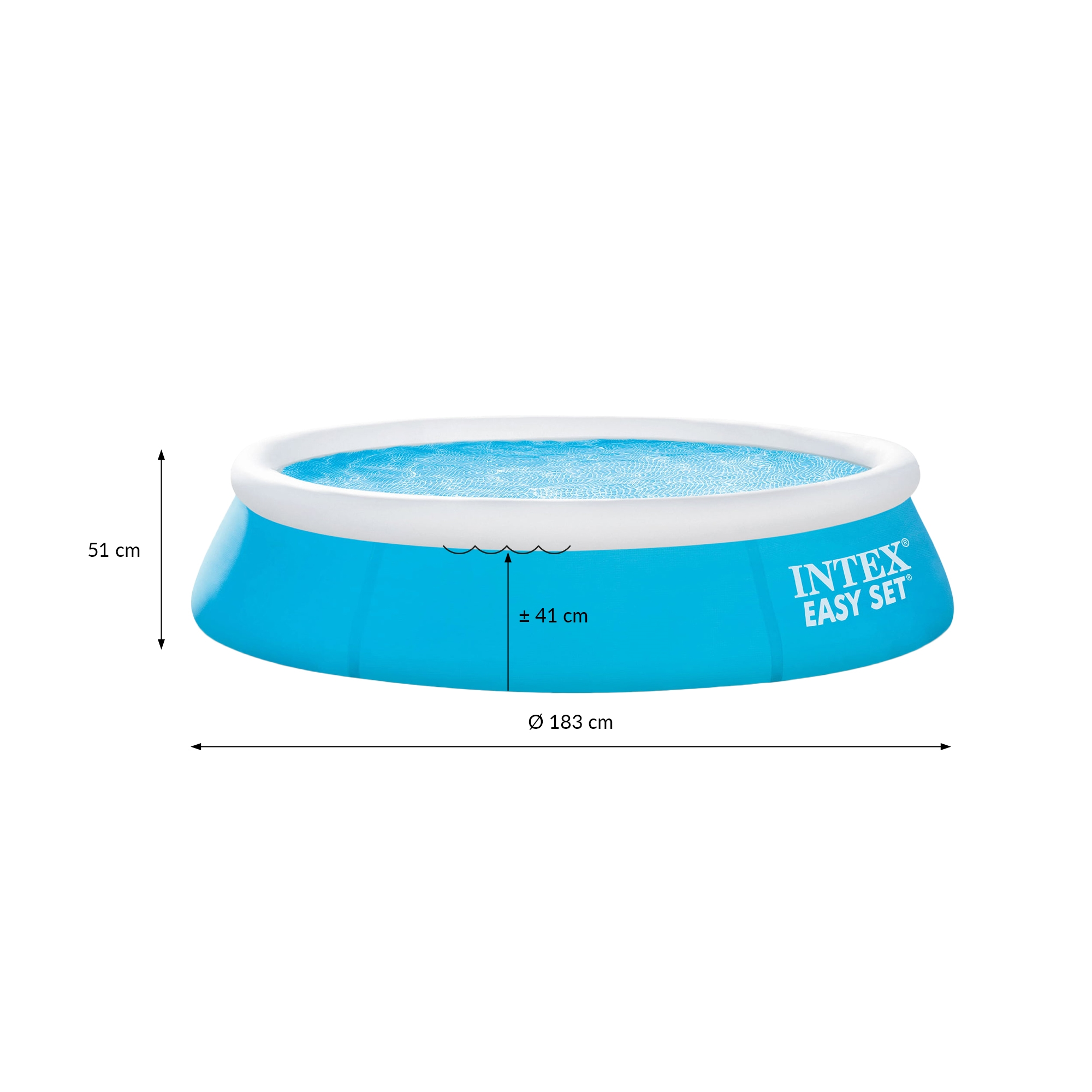 Runder, blauer aufblasbarer Pool mit weißem Rand, Maße werden angezeigt. Intex Easy Set ist aufgedruckt.