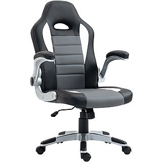 Silla gaming - HOMCOM Ajustable en Altura, Reposabrazos Abatibles, con 5 Ruedas, Cuero Sintético PU, Carga 120 kg, 120,00 kg, Negro, Gris, Blanco