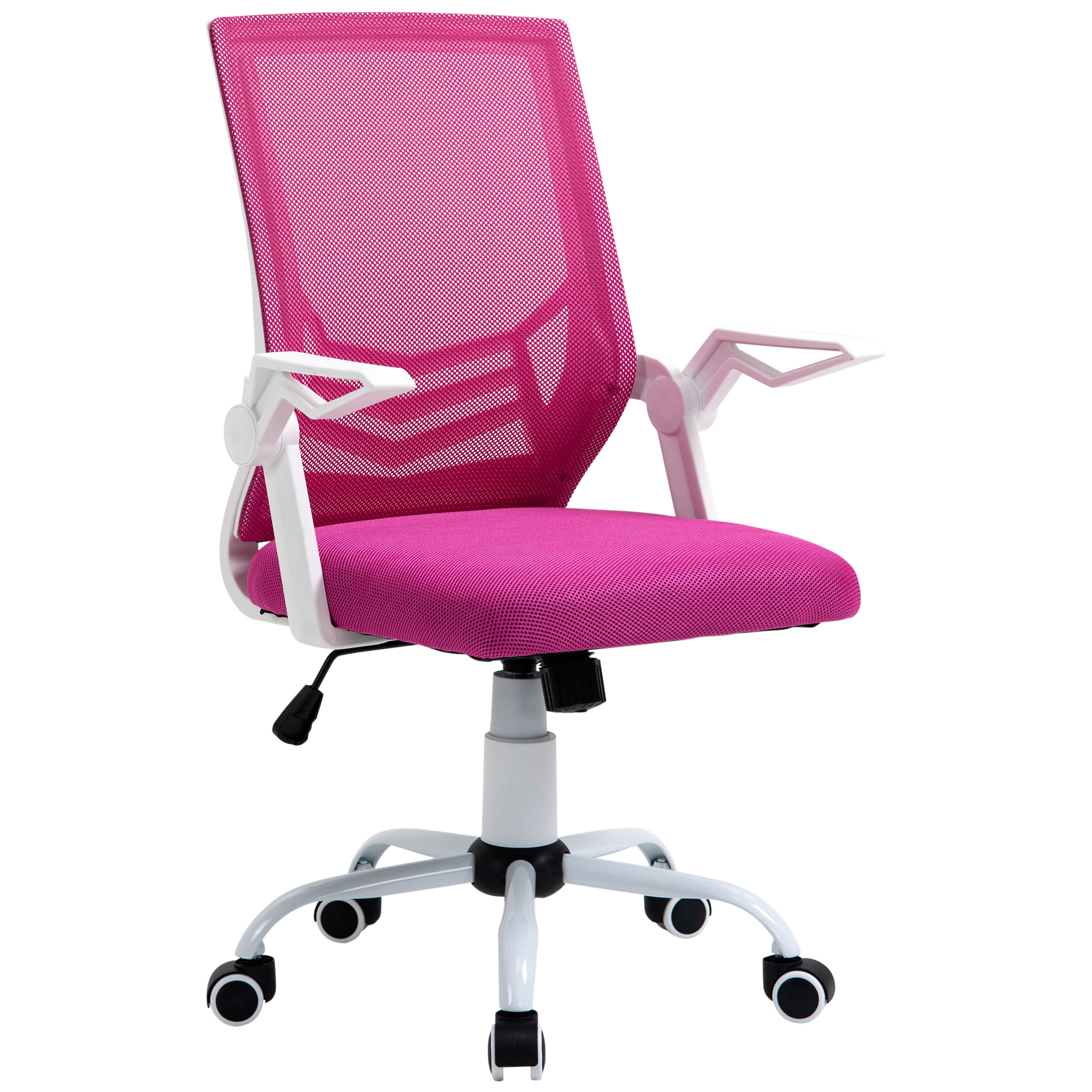 Sedia da ufficio rosa a rete con telaio e ruote bianche. Sfondo bianco.