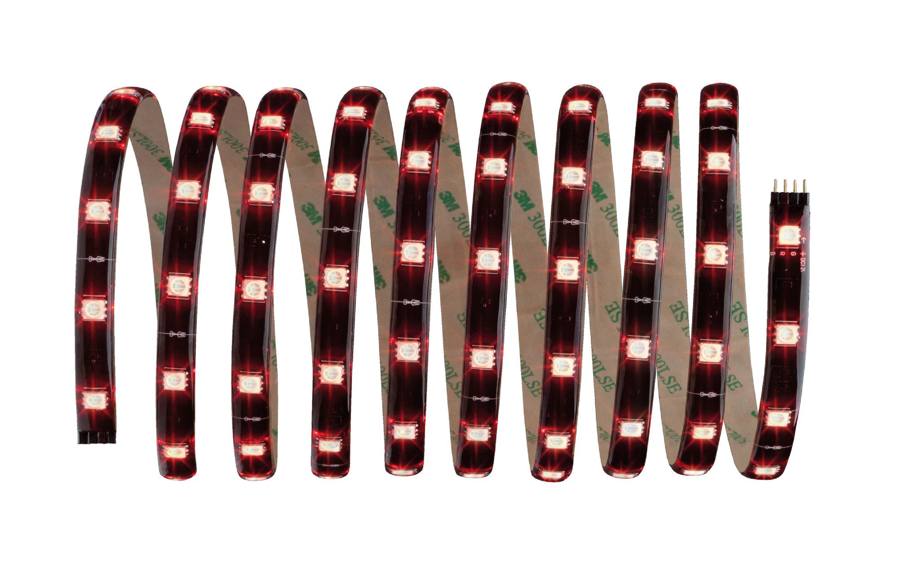 Strisce LED rosse arrotolate su bianco. La striscia ha un adesivo 3M.
