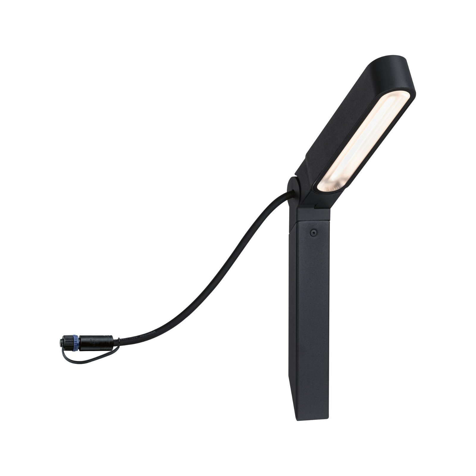 Schwarze Außenleuchte mit schwarzem Kabel. Weißer Hintergrund.