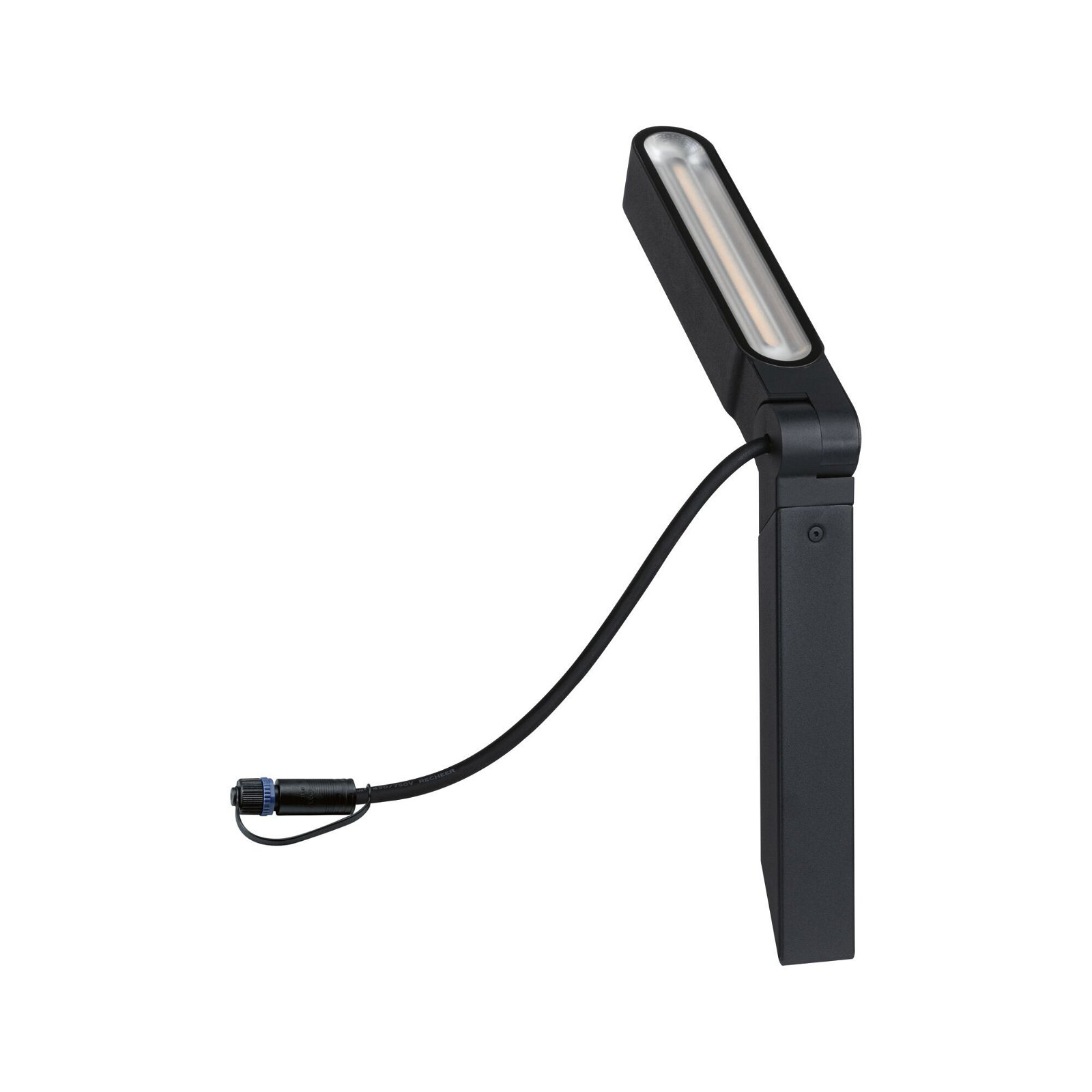 Schwarze, abgewinkelte Außenleuchte mit schwarzem Kabel und Stecker, weißer Hintergrund.