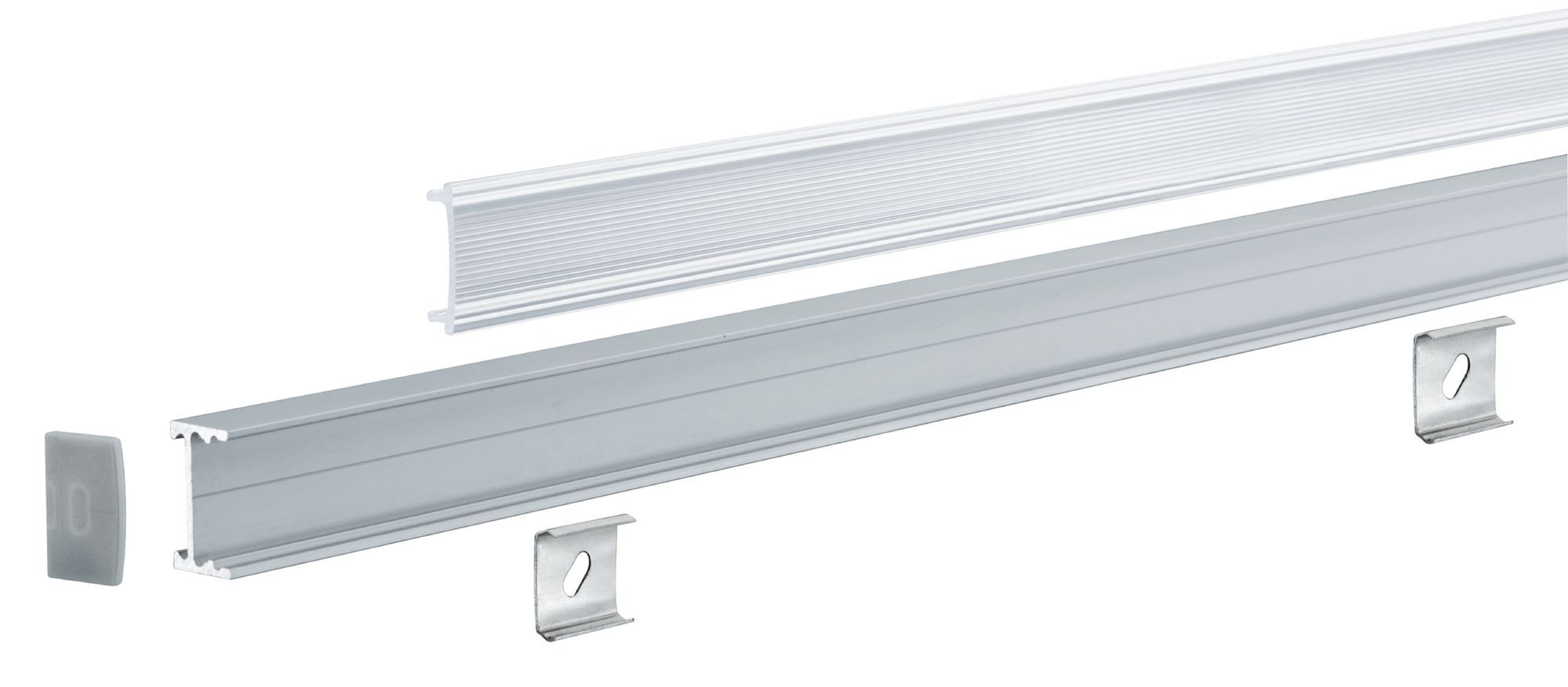 Srebrne metalowe szyny oświetleniowe i wsporniki. Widoczne są dwie szyny i kilka wsporników. Białe tło.