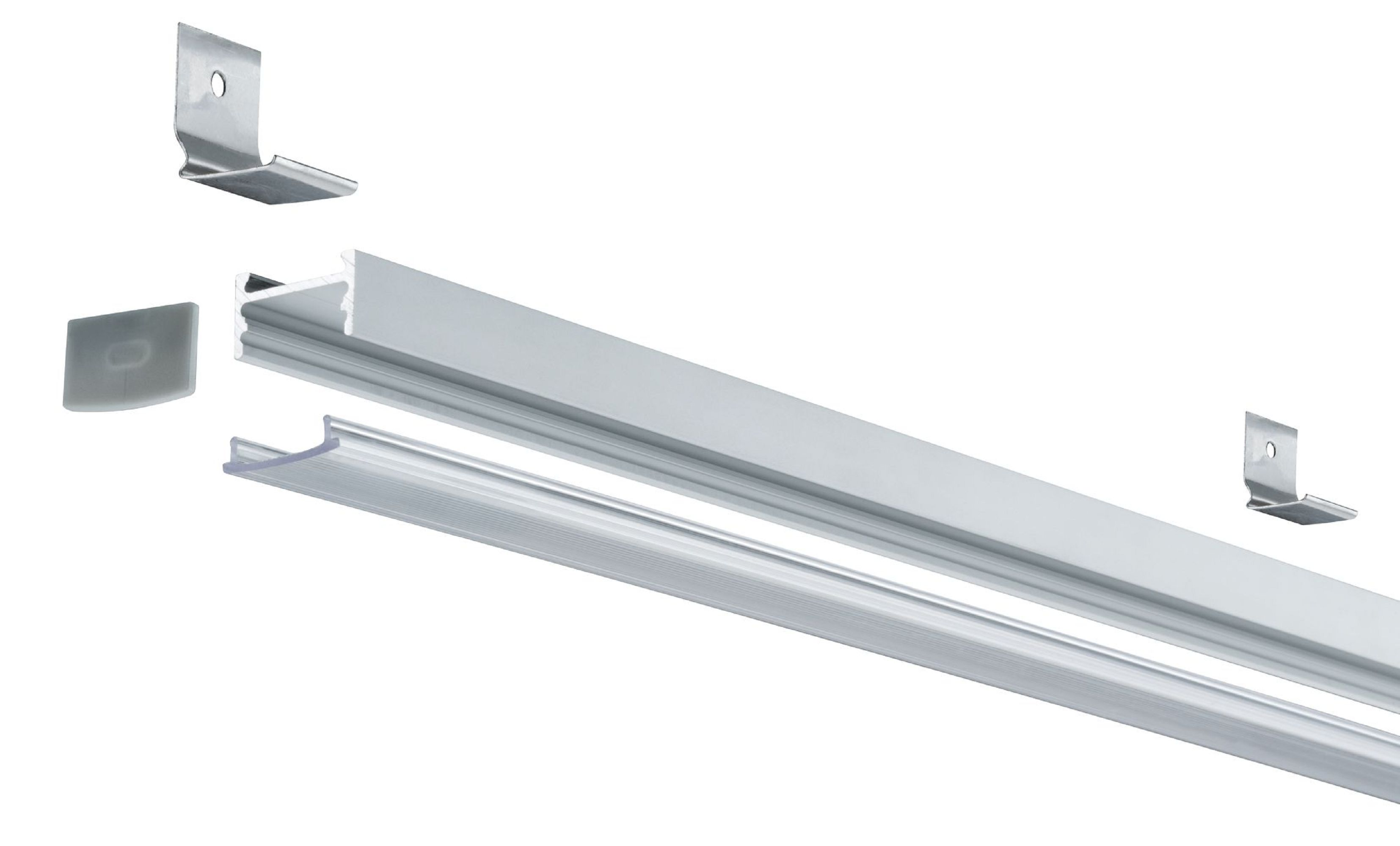 Srebrne oświetlenie LED z uchwytami montażowymi, zdemontowane na białym tle.