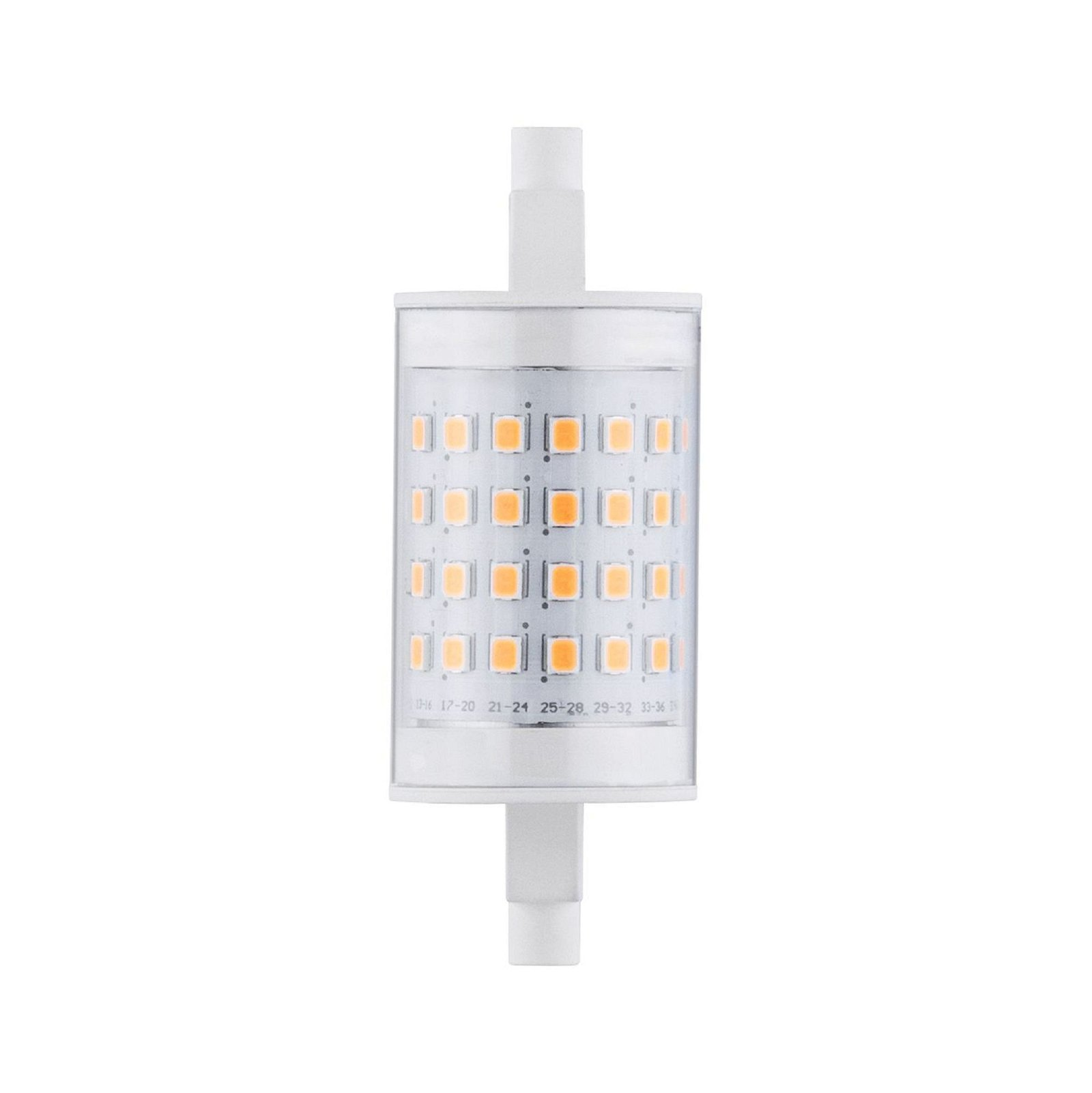 Eine weiße LED-Glühbirne mit orangefarbenen Lichtern im Inneren, mit zwei weißen Stiften, die sich von oben und unten erstrecken.