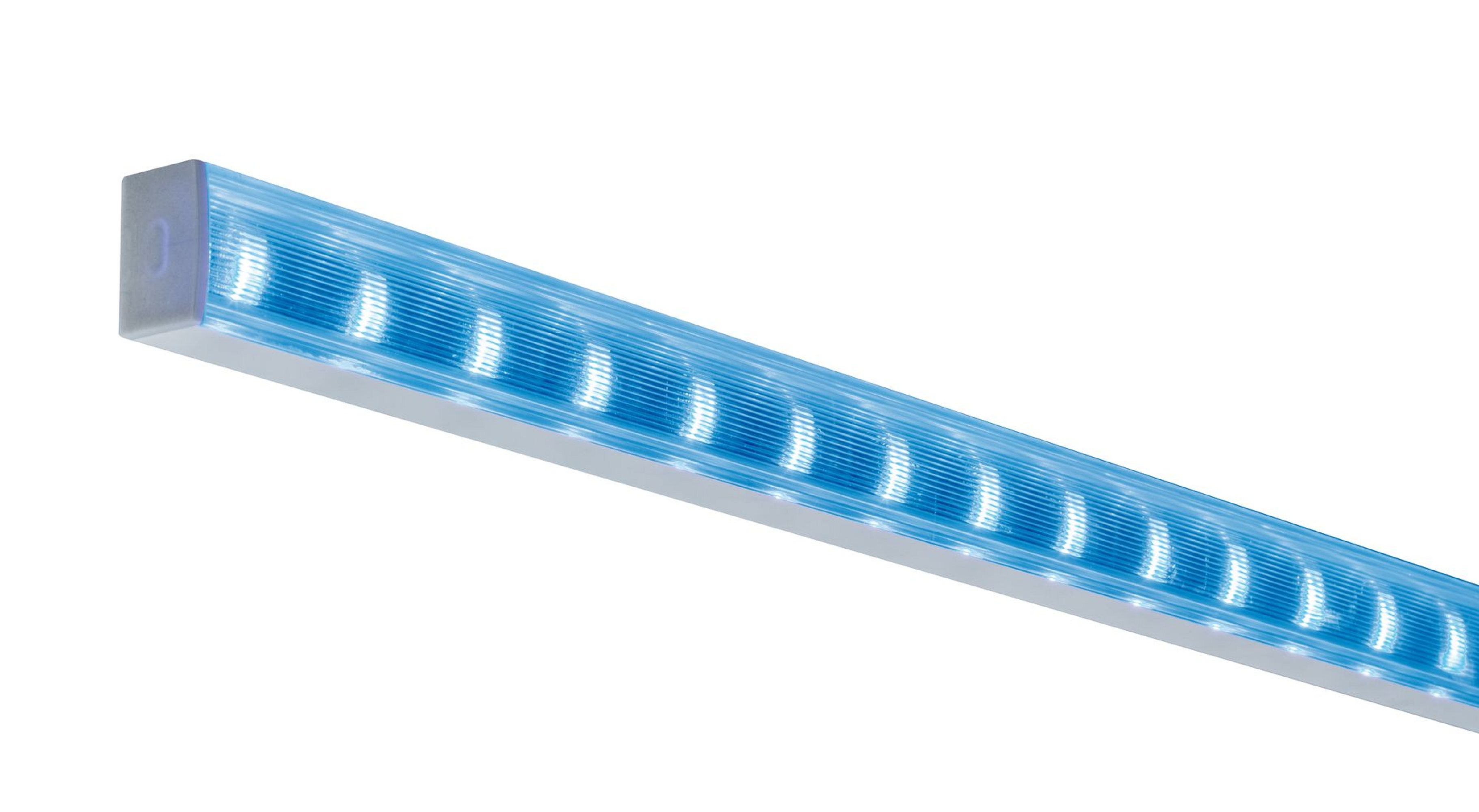 Prostokątny pasek LED z niebieskimi światłami na białym tle.