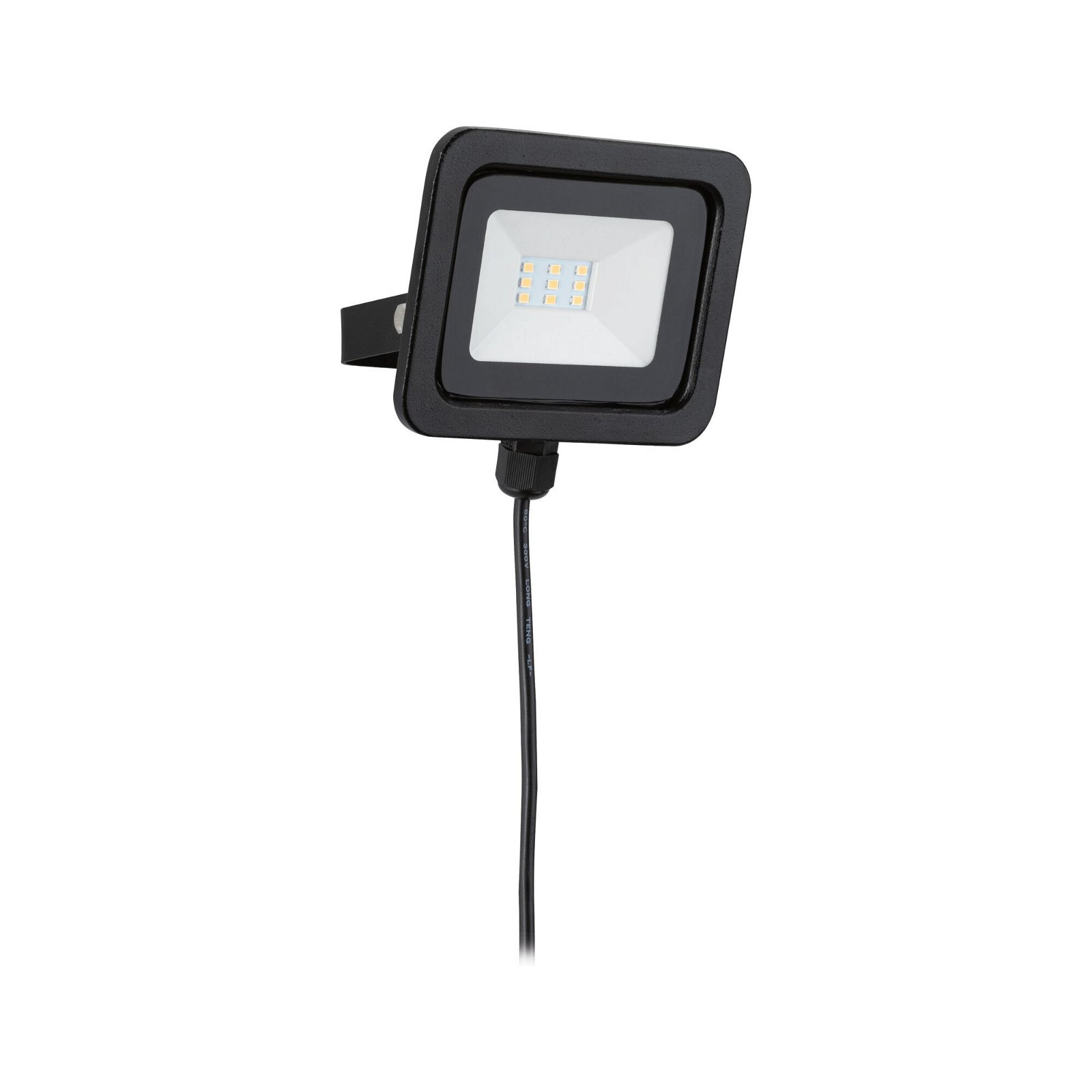 Schwarzer quadratischer LED-Fluter mit schwarzem Kabel. Isoliert auf weißem Hintergrund.