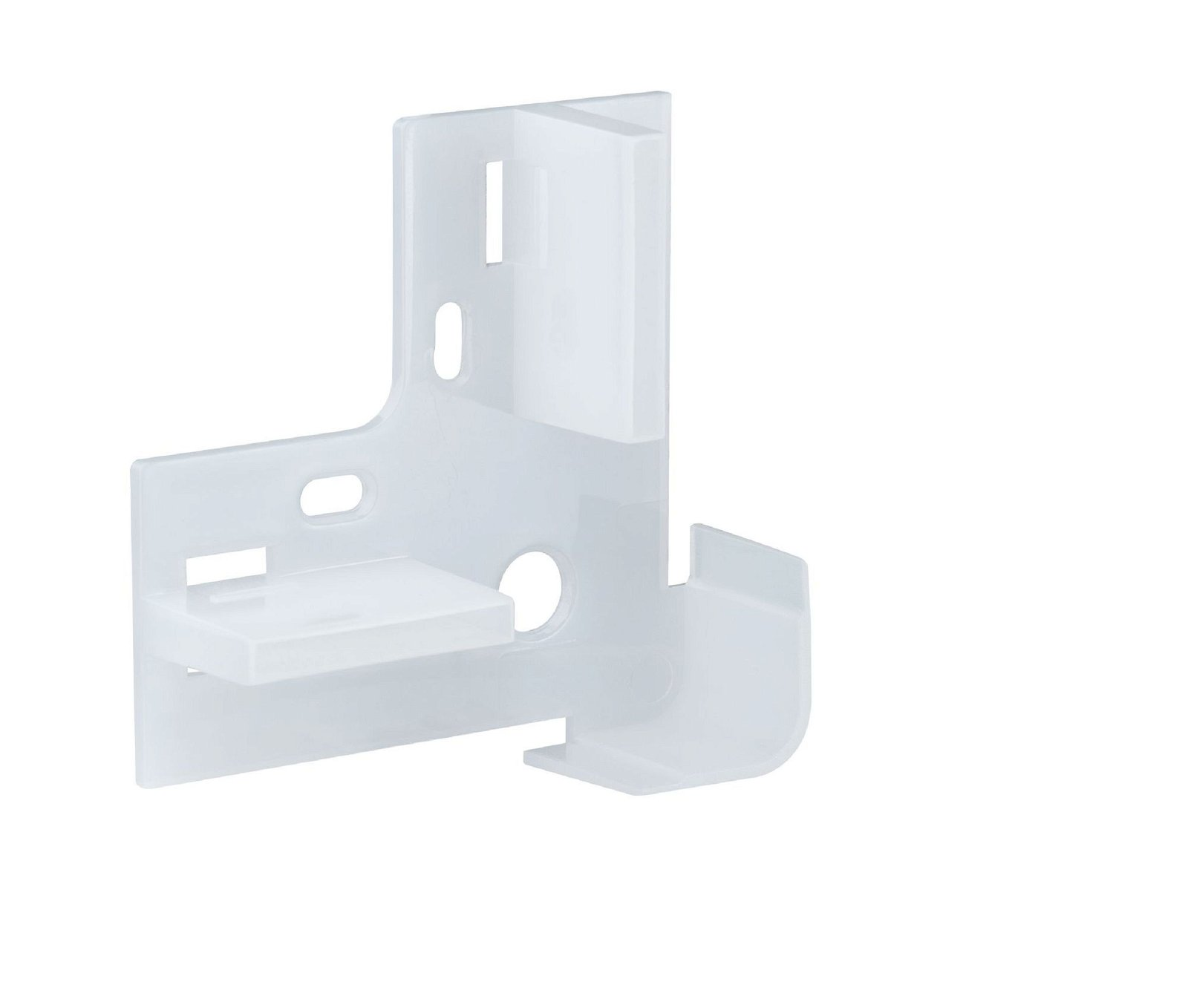 Biały plastikowy wspornik, kątowy z otworami i półką.