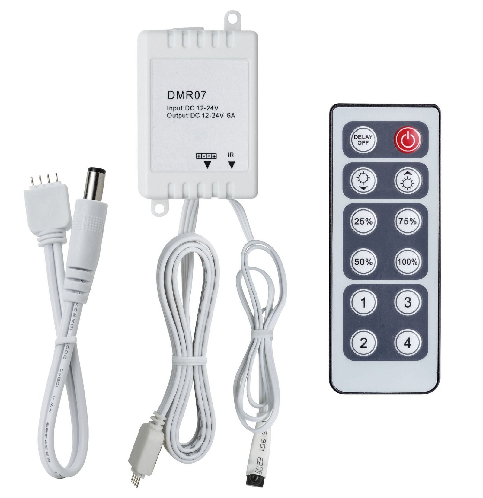Ein weißer Controller und eine Fernbedienung mit Knöpfen. Der Controller hat Drähte und Stecker.