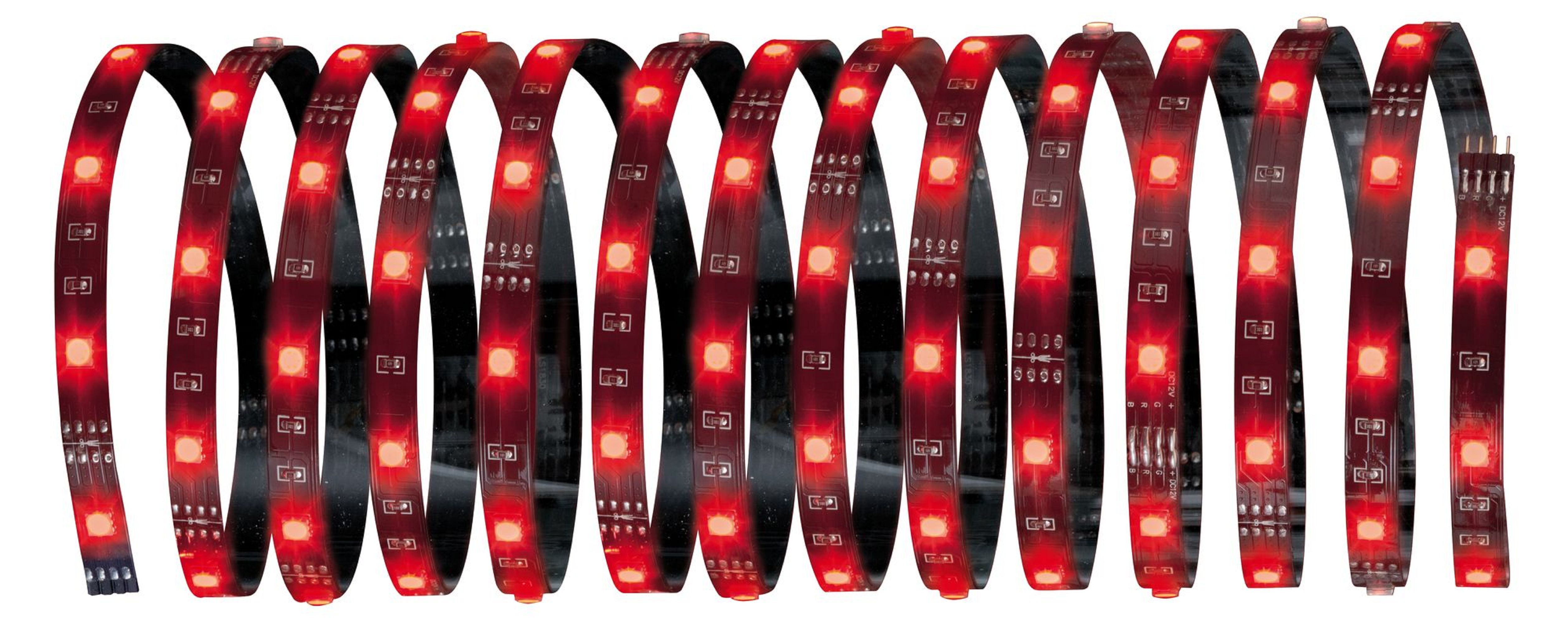 Striscia luminosa a LED rossa arrotolata, isolata su sfondo bianco.