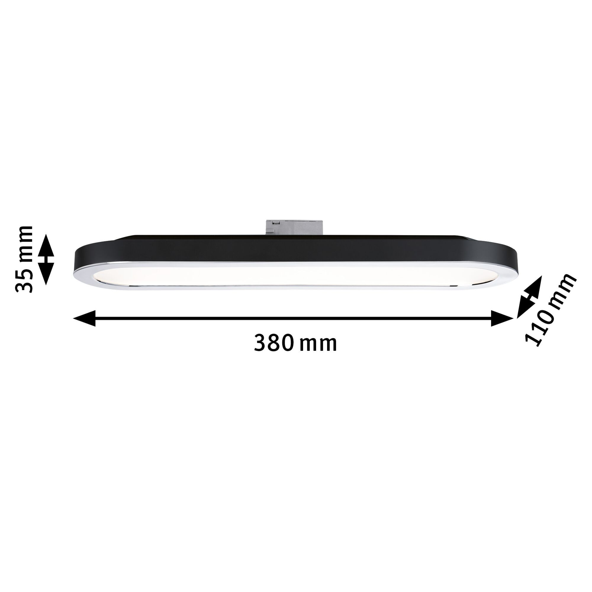Un apparecchio di illuminazione a LED nero di forma ovale con dimensioni etichettate.
